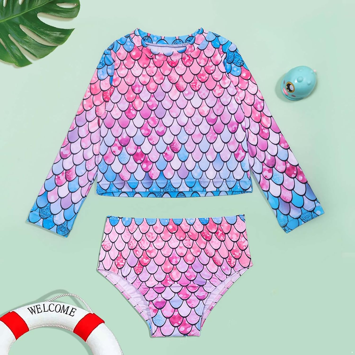 Baby Girls Swimsuit 2 Piece Rash Guard Set UPF 50+ Sun Protection Kids Long Sleeve Fish Scale Bathing Suit