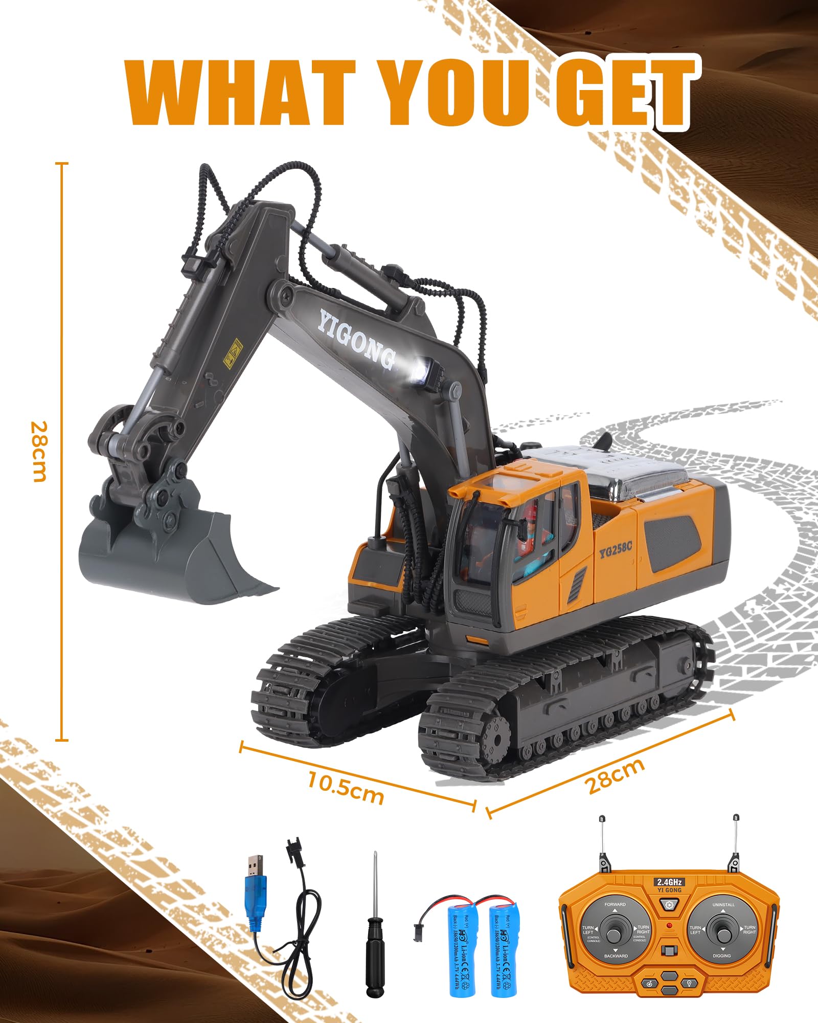 HuiJuKeJi 11-Channel Remote Control Excavator Toy, Rechargeable 2.4 GHz RC Construction Vehicle for Kids, 680° Rotation | Metal Shovel | Lights & Sounds, for Boys Ages 6-12