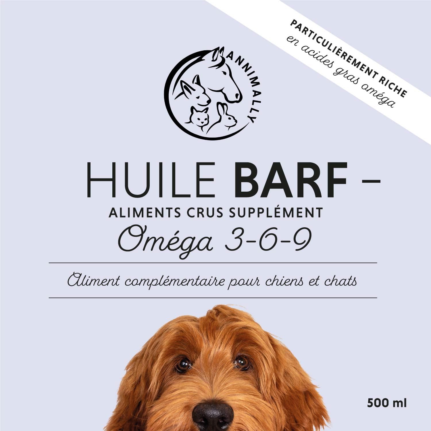 Huile BARF pour chiens 500ml Huile Barf avec Omega 3-6-9 à partir de: huile de saumon, huile de colza, huile de chanvre et huile de bourrache - huile alimentaire pour chien comme garniture alimentaire