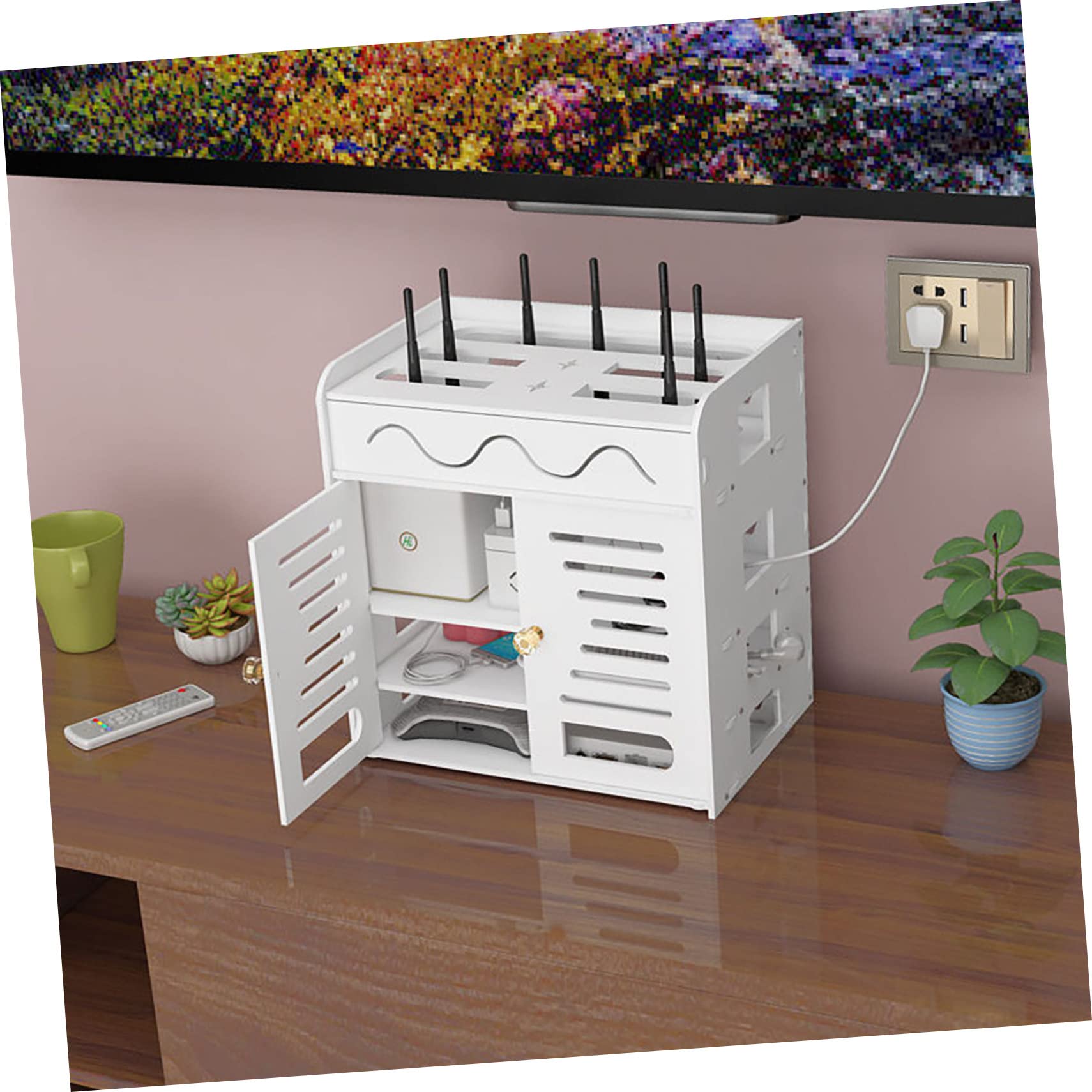 BETOOKY Scatola per Cavi Elettrici per Router a 4 Strati di Archiviazione in PVC Doppia Porta Bianco, Organizer Compatto e Pratico per Casa e Ufficio