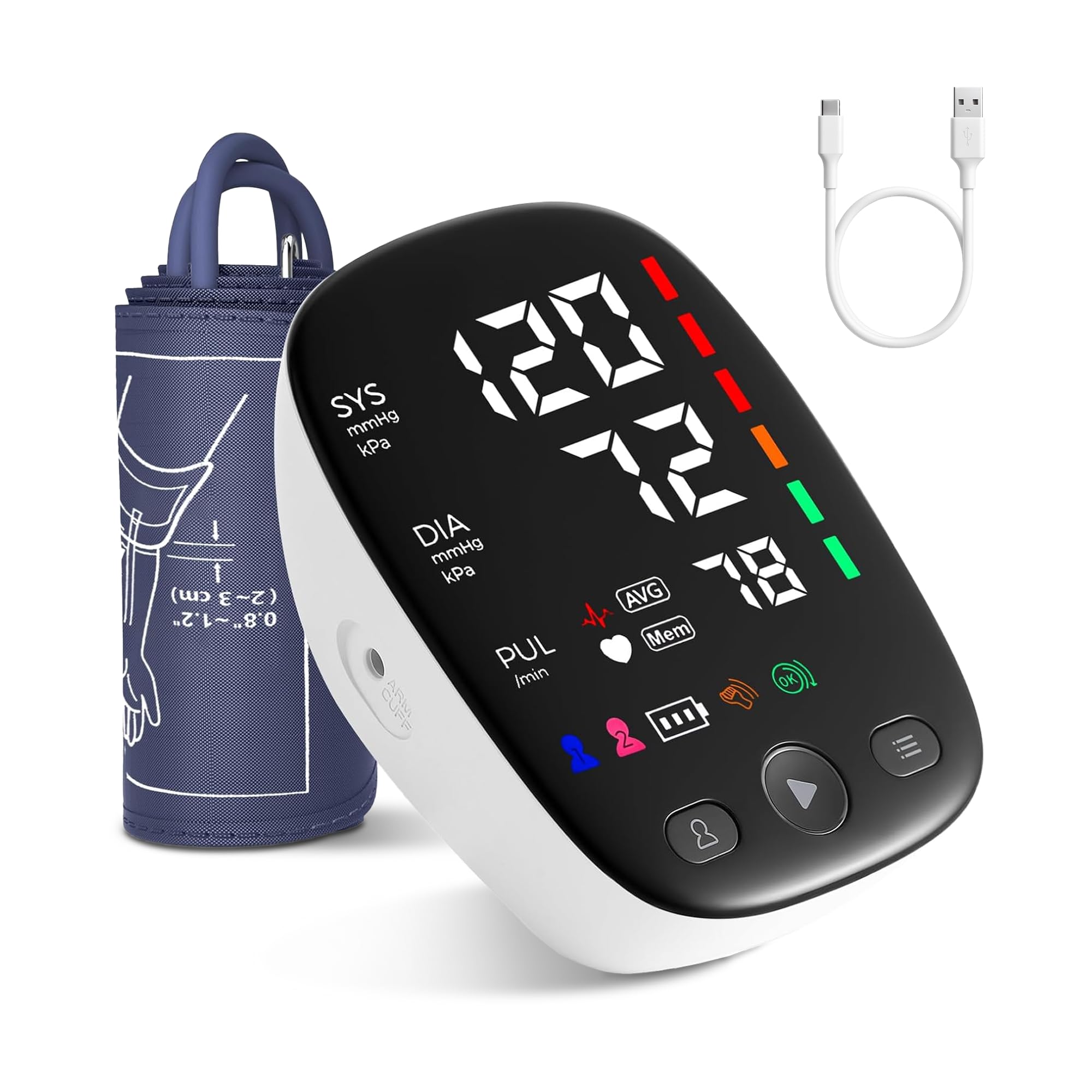 Tensiómetro de brazo, tensiómetro automático con pantalla LED grande, memoria para dos usuarios, brazalete ancho de 8,7 a 16,5 pulgadas, cable de alimentación USB-C, irregular