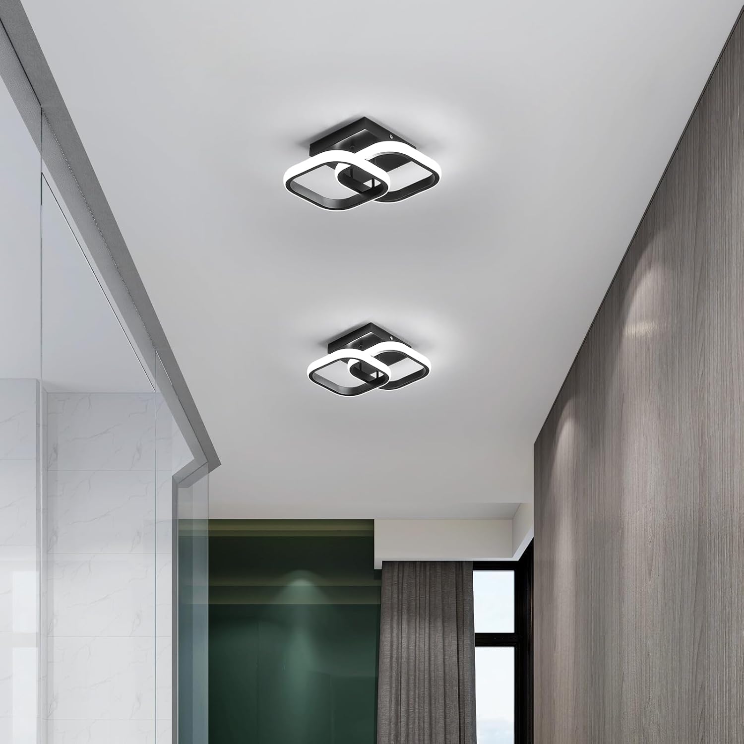 Small LED Hallway Ceiling Light, 2 Square Frames Modern Ceiling Light, 6500K Flush Mount Ceiling Light Fixtures for Hallway Living Room Bedroom Kitchen Closet, Black