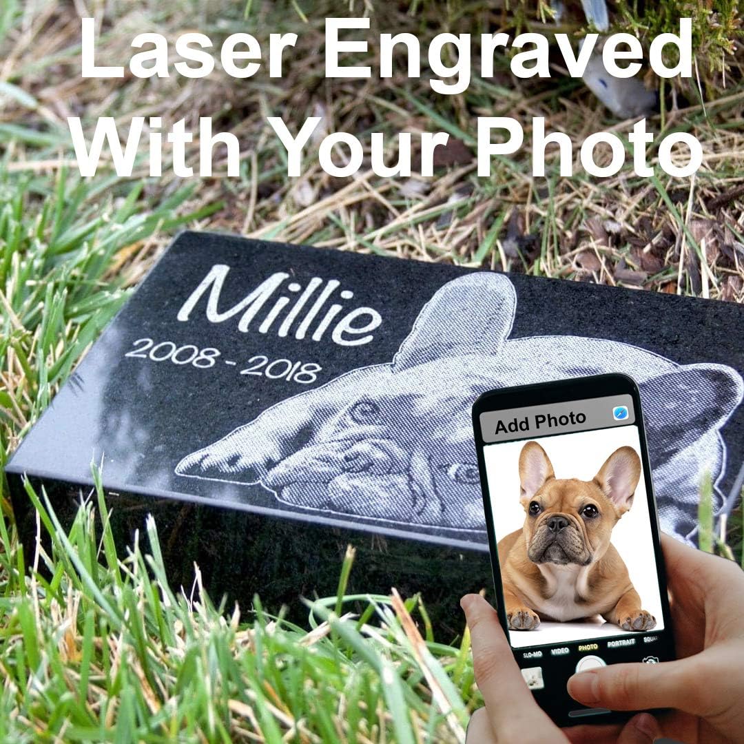 Black Granite Memorial Headstone for Lost Loved Ones, Dogs, Cats, and Family Pets. " Great for Your Garden, Tree Dedication, or in a Cemetery. Includes your personal photo and text. (12 x 8 x 2")