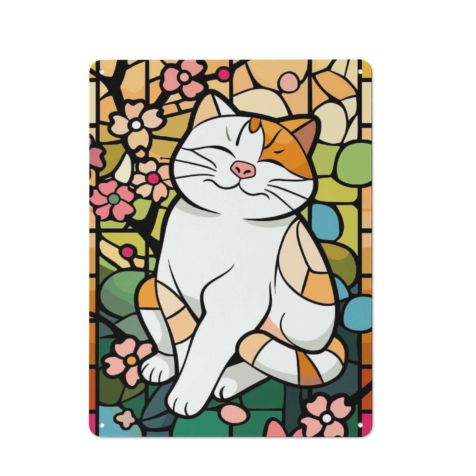 Junmoney Style-1 Retro-Style Metal Sign 40X30cm Featuring Stained Glass Cat With Flowers For Garage Wall, For Vintage Wall Decor Fans, For Metal Sign Collectors