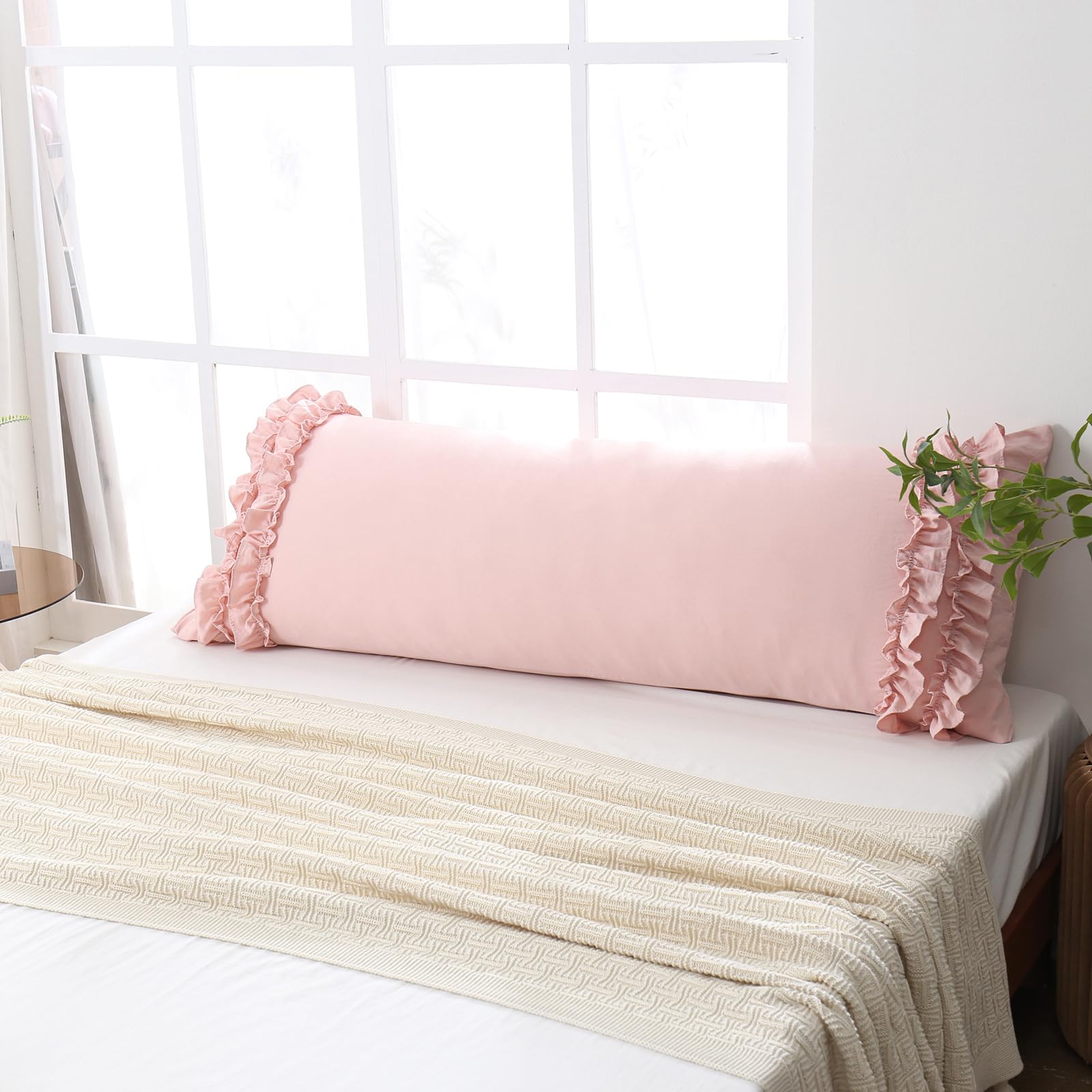 Herside French Country Vintage Ruffled Body Pillow Cover - 20x54, Ultra Soft Washed Microfiber with Pink Bow, 1 Pack