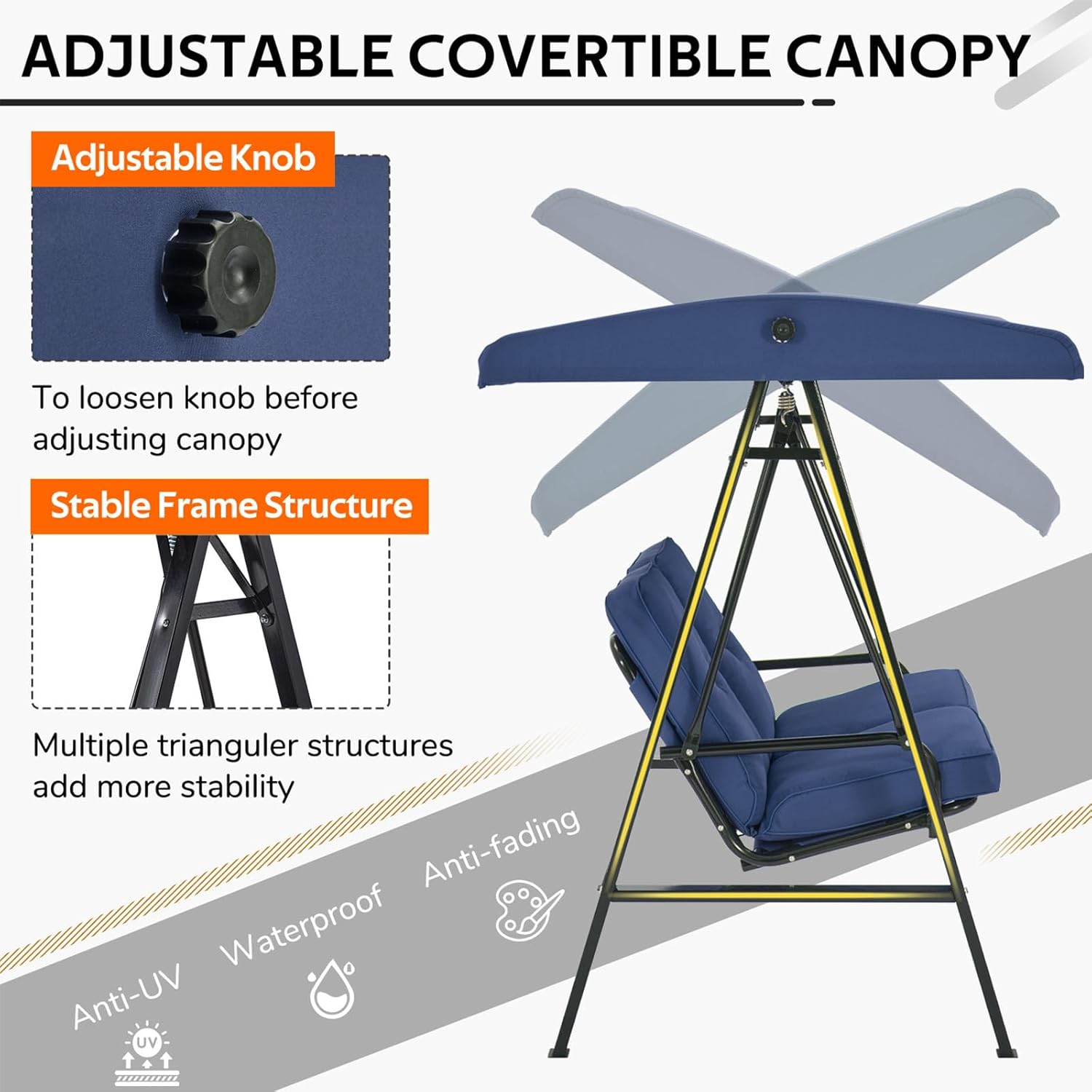 AECOJOY Outdoor Patio Swing Chair for Adults, 2-Seat Porch Swings with Adjustable Canopy, Outside Swing Bench with Removable Cushion, Suitable for Backyard, Garden, Yard, Poolside, Balcony (Blue)