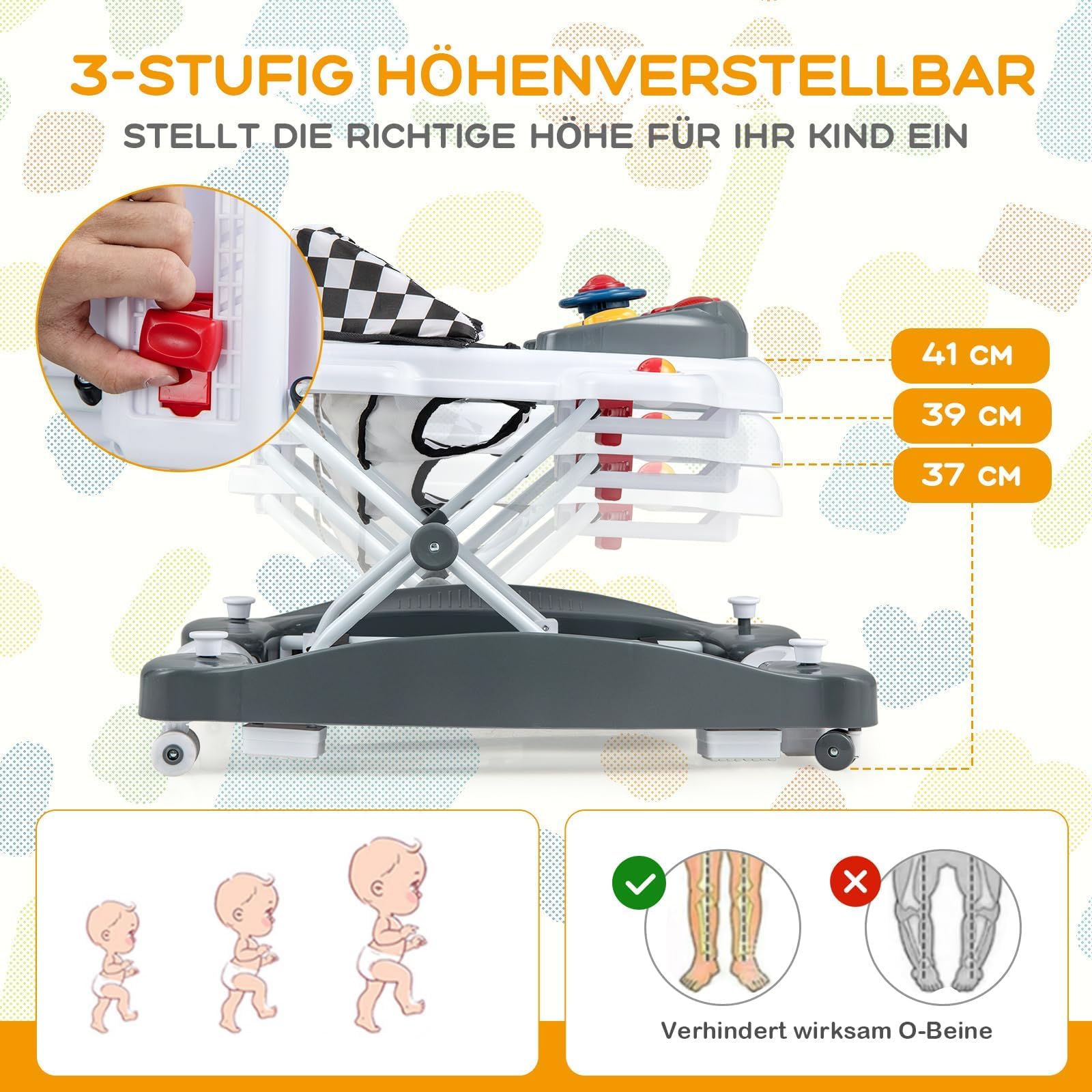 FANTASK Lauflernhilfe, Baby Walker 6-in-1 höhenverstellbar, Lauflernhilfe klappbar mit abnehmbarem Spielbrett Licht Musik & Fußpolster, Laufwagen Gehfrei für Babys ab 6 Monaten, Grau