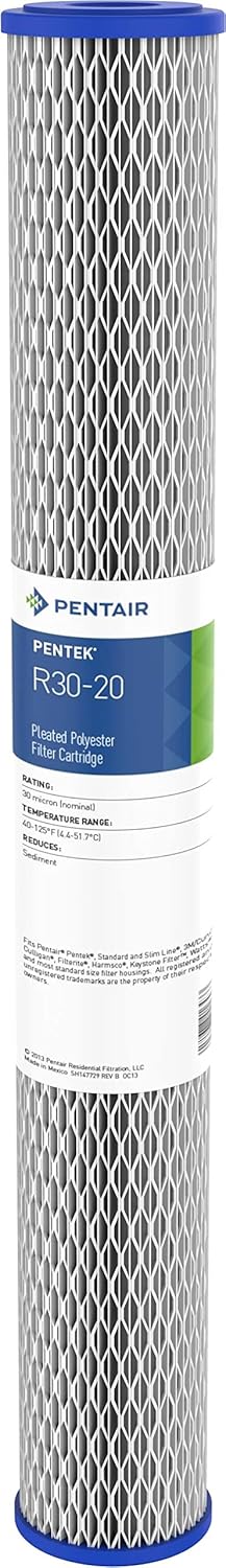 Pentair Pentek R30-20 Sediment Water Filter, 20-Inch, Whole House Pleated Polyester Filter Cartridge, 20" x 2.5", 30 Micron, White, 1 Count (Pack of 1)