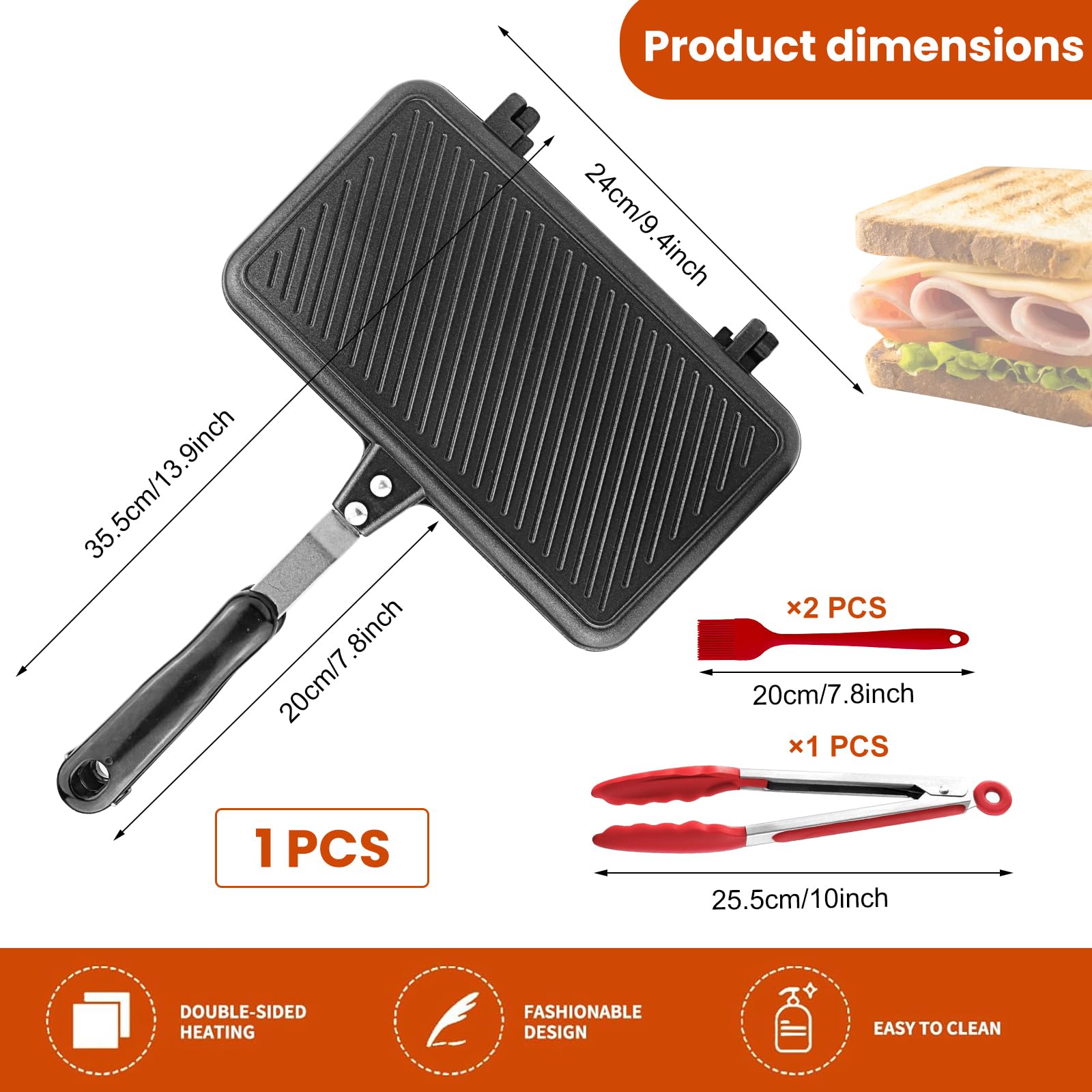 Poêle à Frire Double Face,avec Pinceau à Huile et Pinces De Cuisine | Poêle à Frire Double Face,avec Poignées Résistantes Chaleur Poêle à Sandwich, pour Maison, Extérieur, Camping