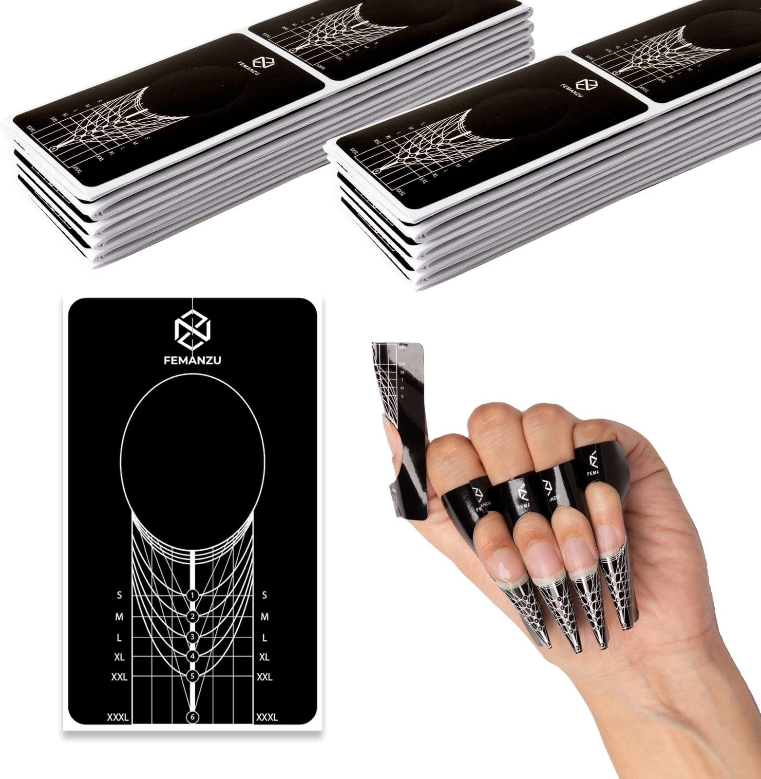 200Pcs Nail Forms for Gel Builder, 6 x 3.5cm – Paper Extension Self-Adhesive Stickers Curved & Pointy Nails Perfect Acrylic UV Art at Home or Salon, Black & White