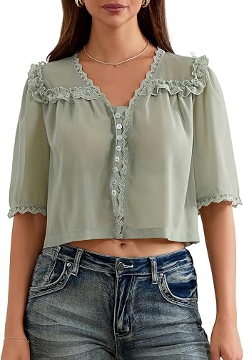 Women Tie Front Long Sleeve Top Lace See Through Shirt Open Front Loose Blouse Y2k Going Out Vacation Blouse