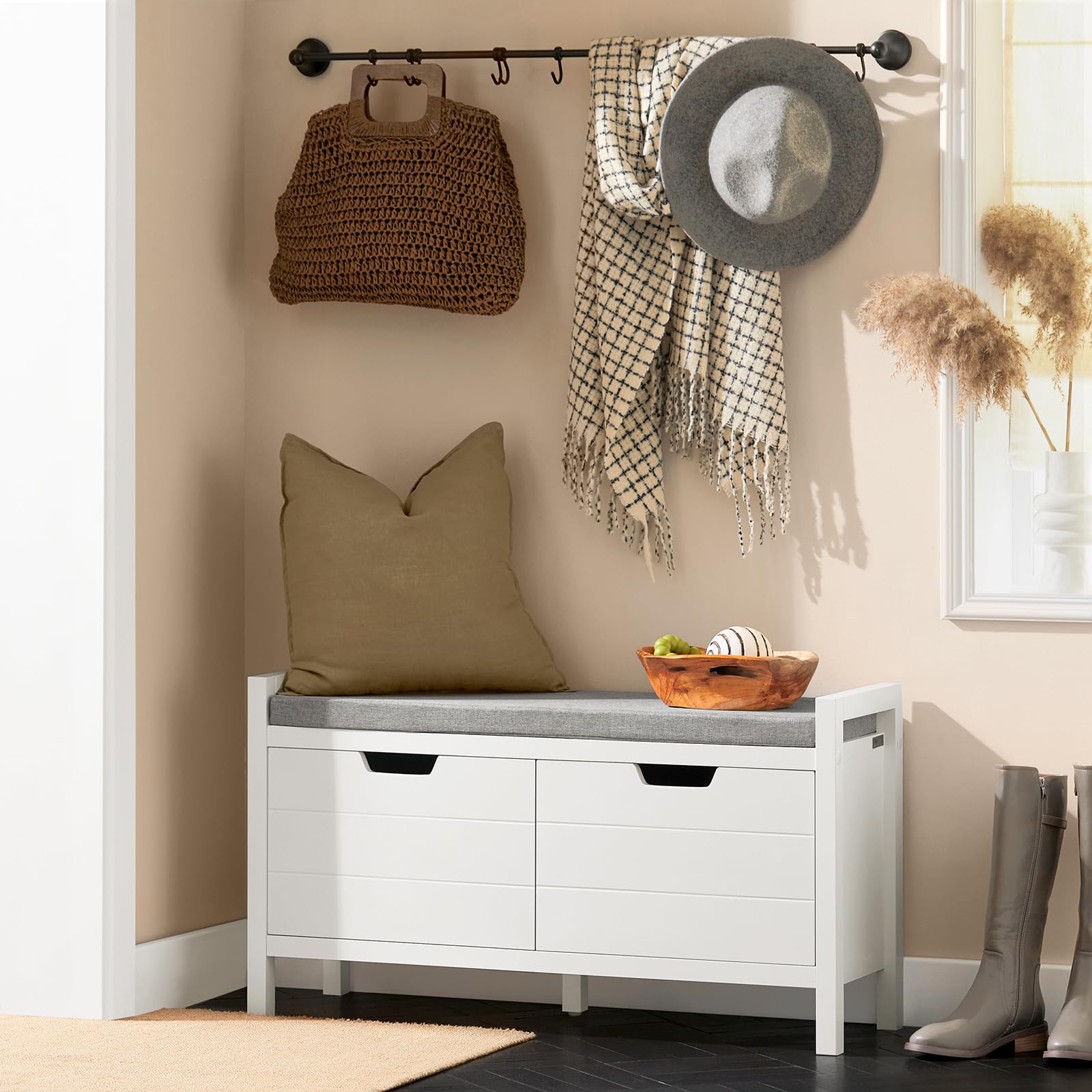 SoBuy Panca scarpiera con 2 ante 91x30x50cm per ingresso | Cassapanca salvaspazio con cuscino rimovibile e 2 ante apribili, MDF E1, portata 150kg, bianco FSR63-II-W