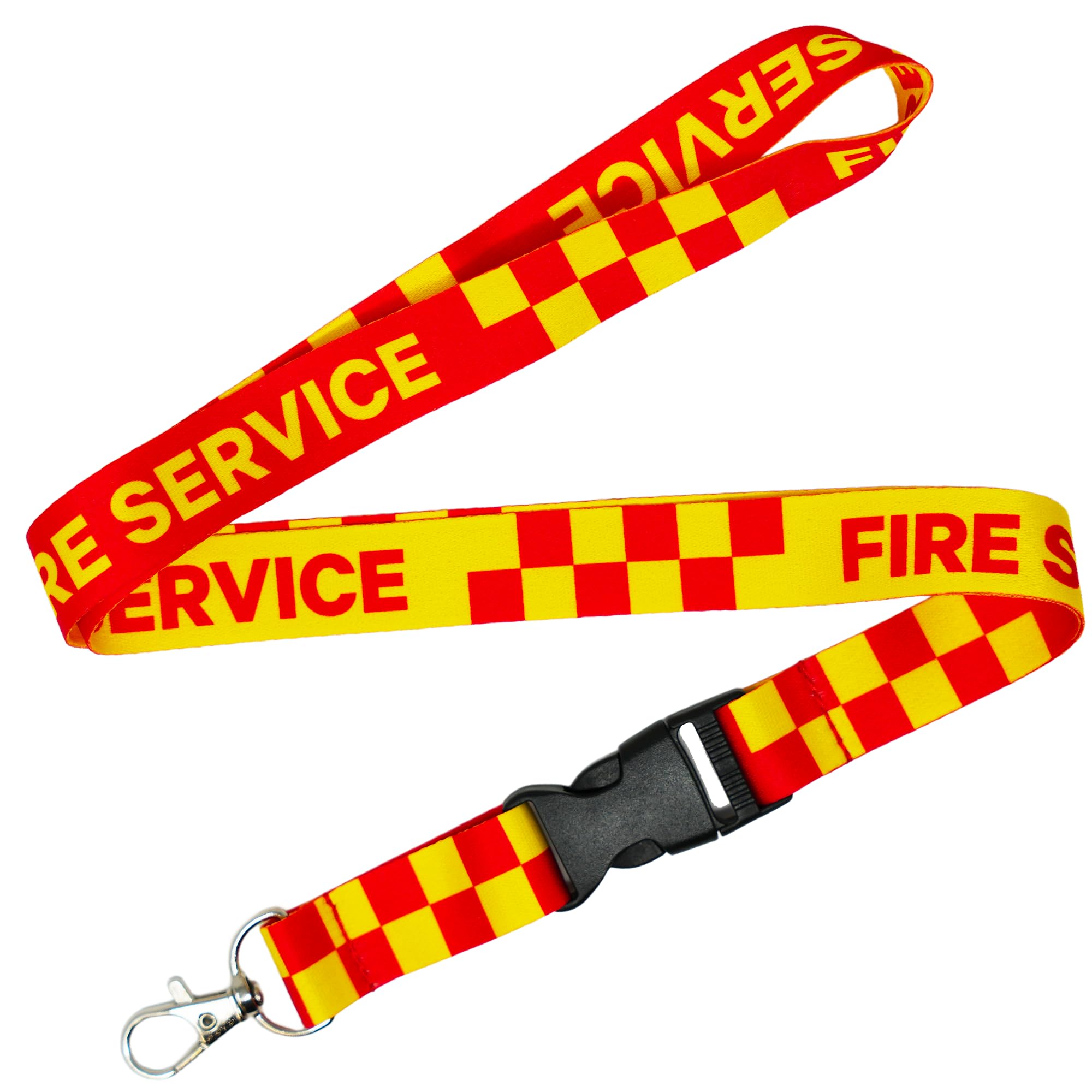 Panda Loco Fire Service Lanyard β Red & Yellow Chequered Design with βFIRE SERVICEβ Print | Detachable Clip | Ideal for Firefighters, Rescue Teams, and Film Props