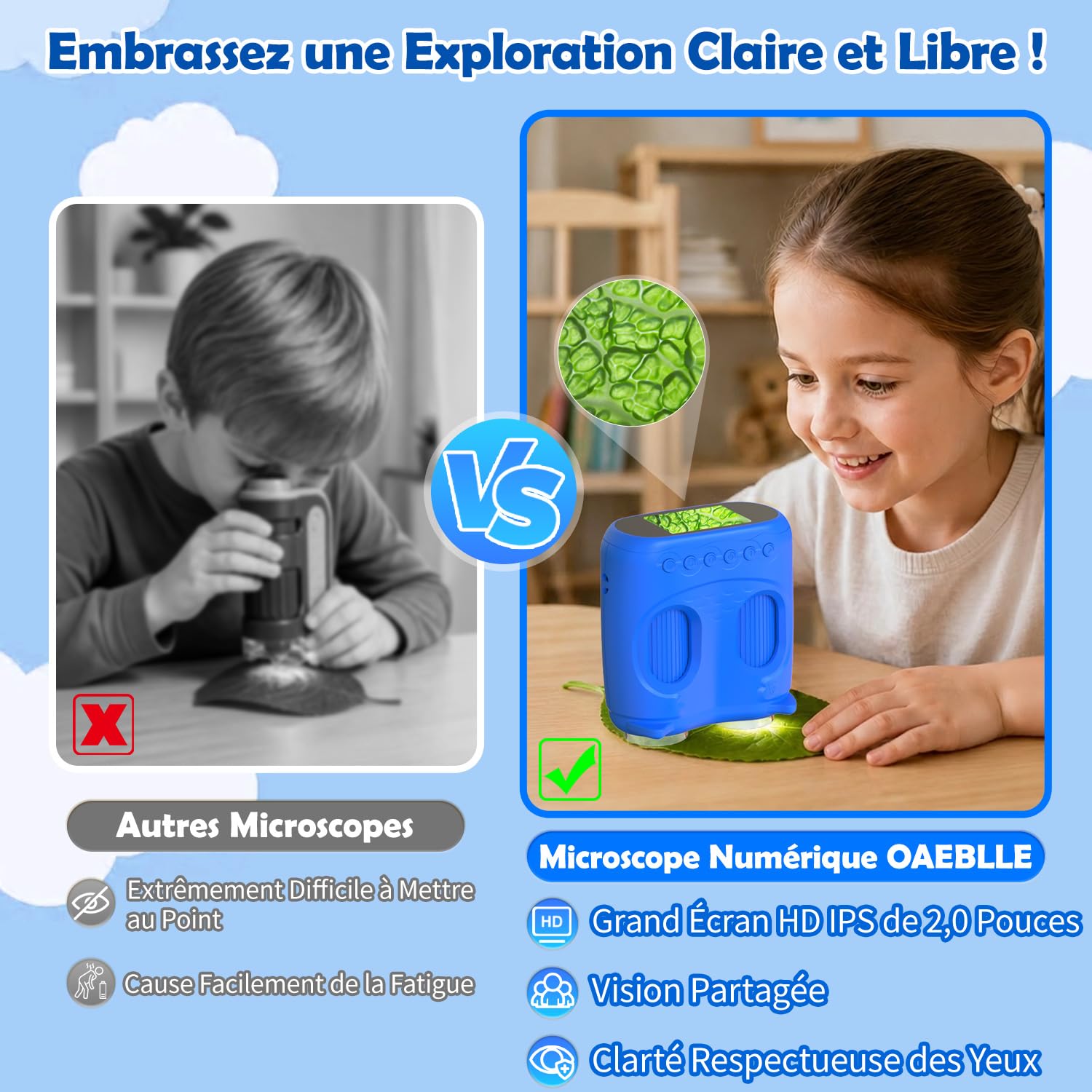 Microscope numérique 2 en 1 pour Enfants et Jumelles pour Enfants, Microscope de Poche IPS HD 2,0", télescope grossissant 10x avec 8 LED 1080P, Jouet d'extérieur Naturel pour Filles et garçons, Bleu