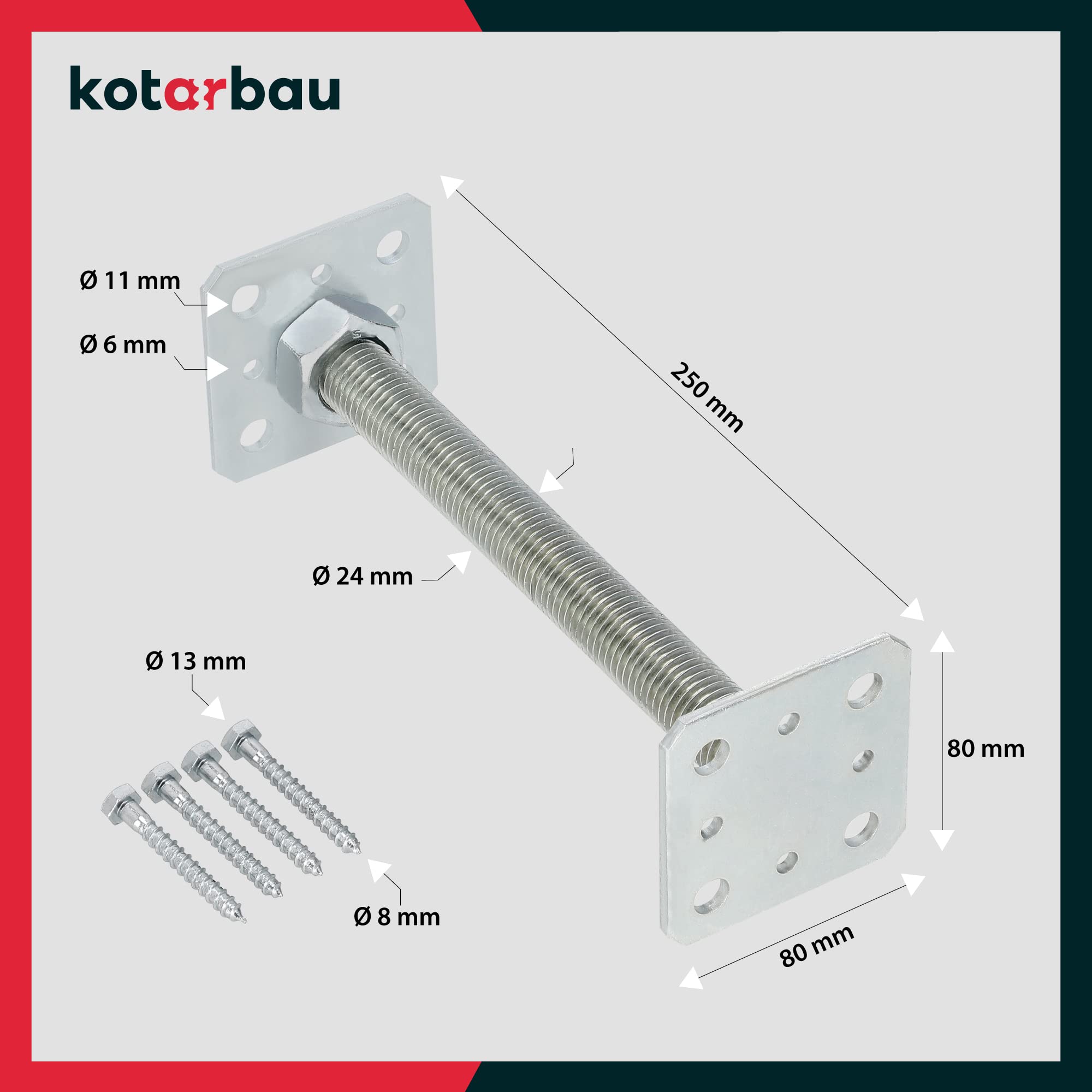 KOTARBAU® 4er Set Pfostenträger Höhenverstellbar - Montagestütze – 80 x 80 x 250 mm - Balkenschuh - M24 - Verstellbarer Pfostenfuß – Halterung mit Stange für Beton – Stahlanker