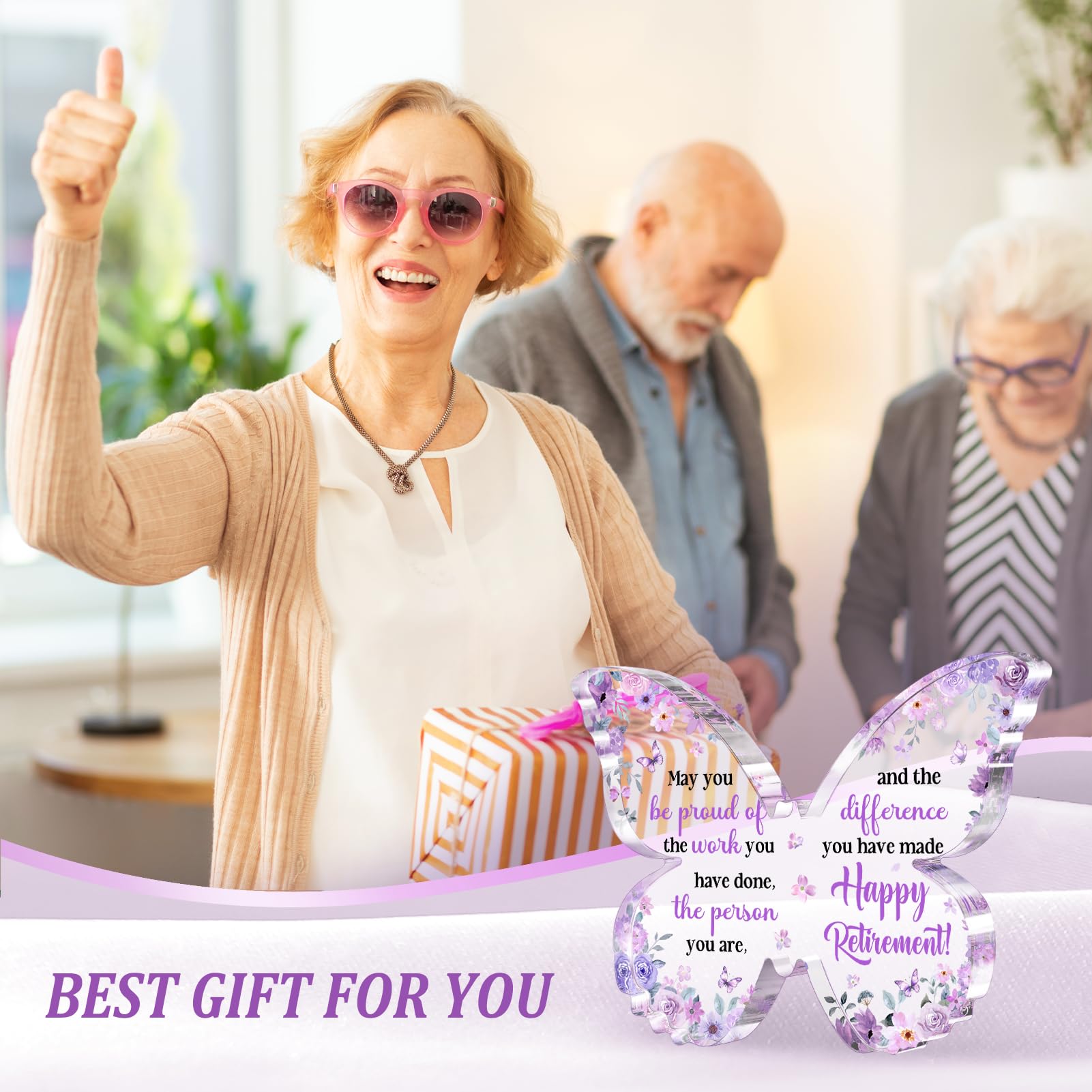 Unique Retirement Gift for Woman Men 2026, 5x3.8x0.5 Inch Purple Butterfly Acrylic Plaque Decor with Warm Words, Best Retirement Gifts for Coworker Teacher Friend Nurse Boss