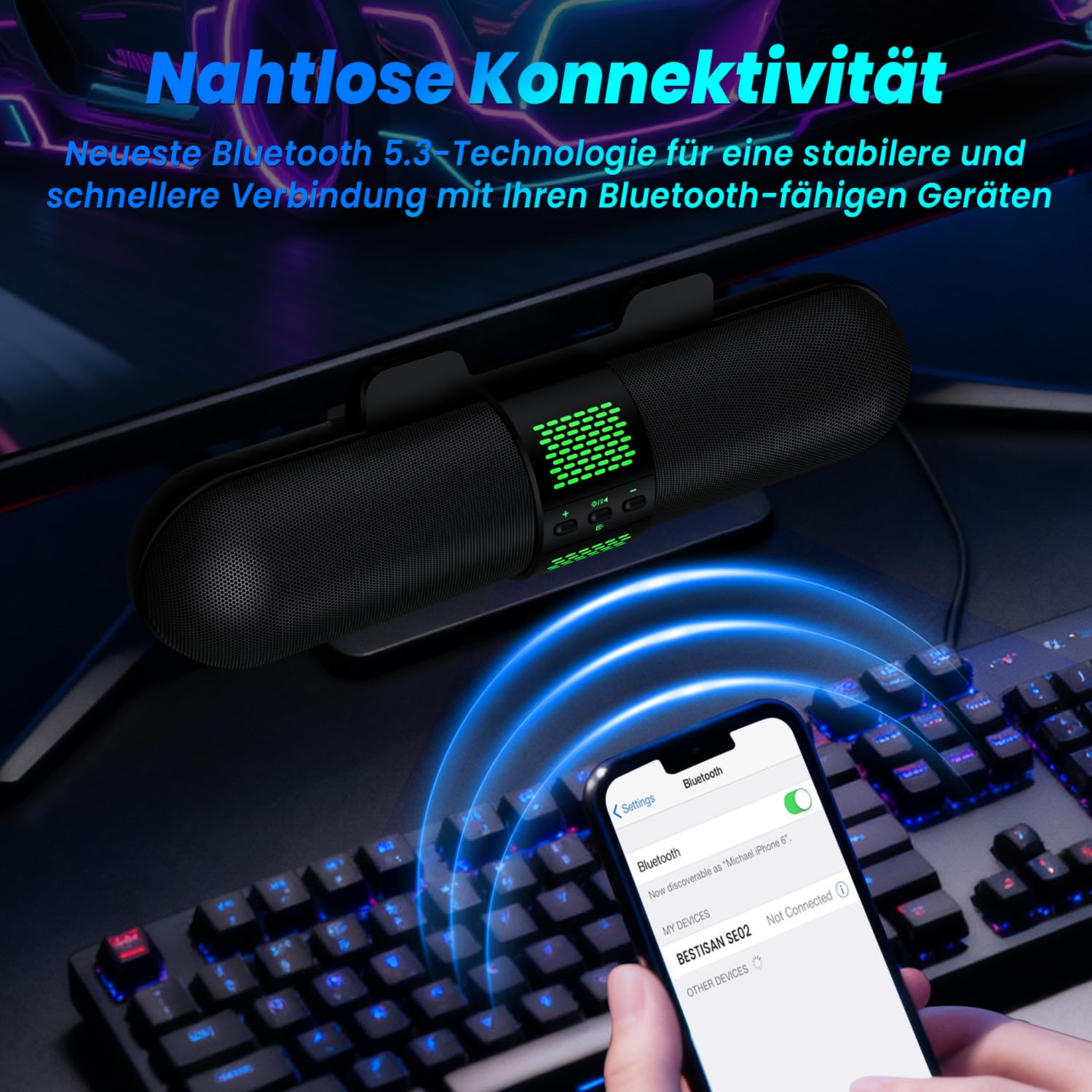 BESTISAN Computer-Lautsprecher, PC-Lautsprecher mit Bluetooth & Typ-C (USB) Modus; USB-betriebene Monitorlautsprecher mit Clip-on-Design, Gaming-Lautsprecher für PC/Desktop/Laptop; LED-Lichtanzeige
