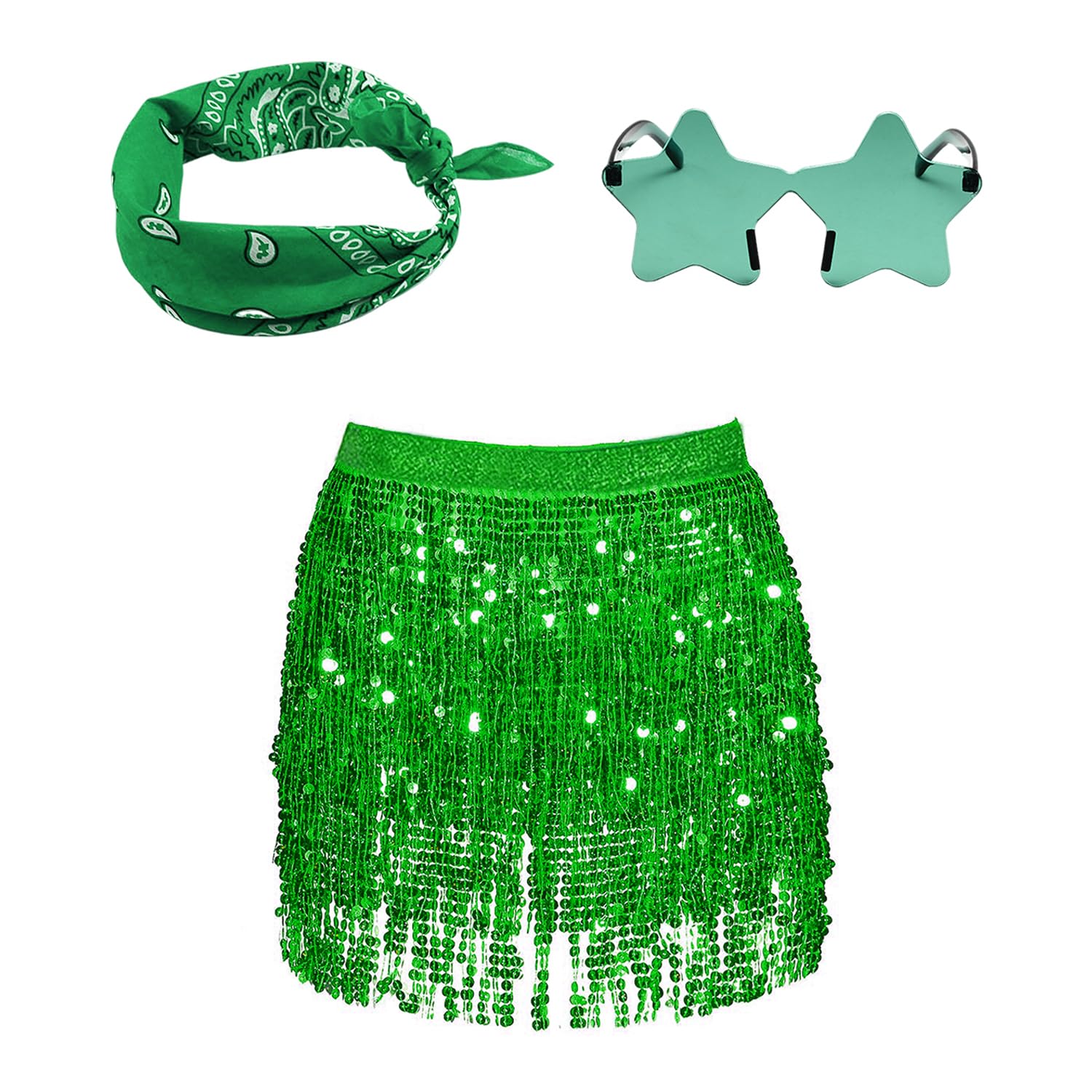 1 Falda con Flecos De Lentejuelas, 1 Gafas De Estrella Y 1 Bufanda con Flores De Anacardo, Traje De Espectáculo De Danza, Falda Brillante