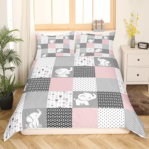 Miniatura 4 de Homewish Juego de ropa de cama con diseño de elefante, tamaño Queen, diseño de rayas rosadas, diseño de animales kawaii, funda de edredón de flecha,