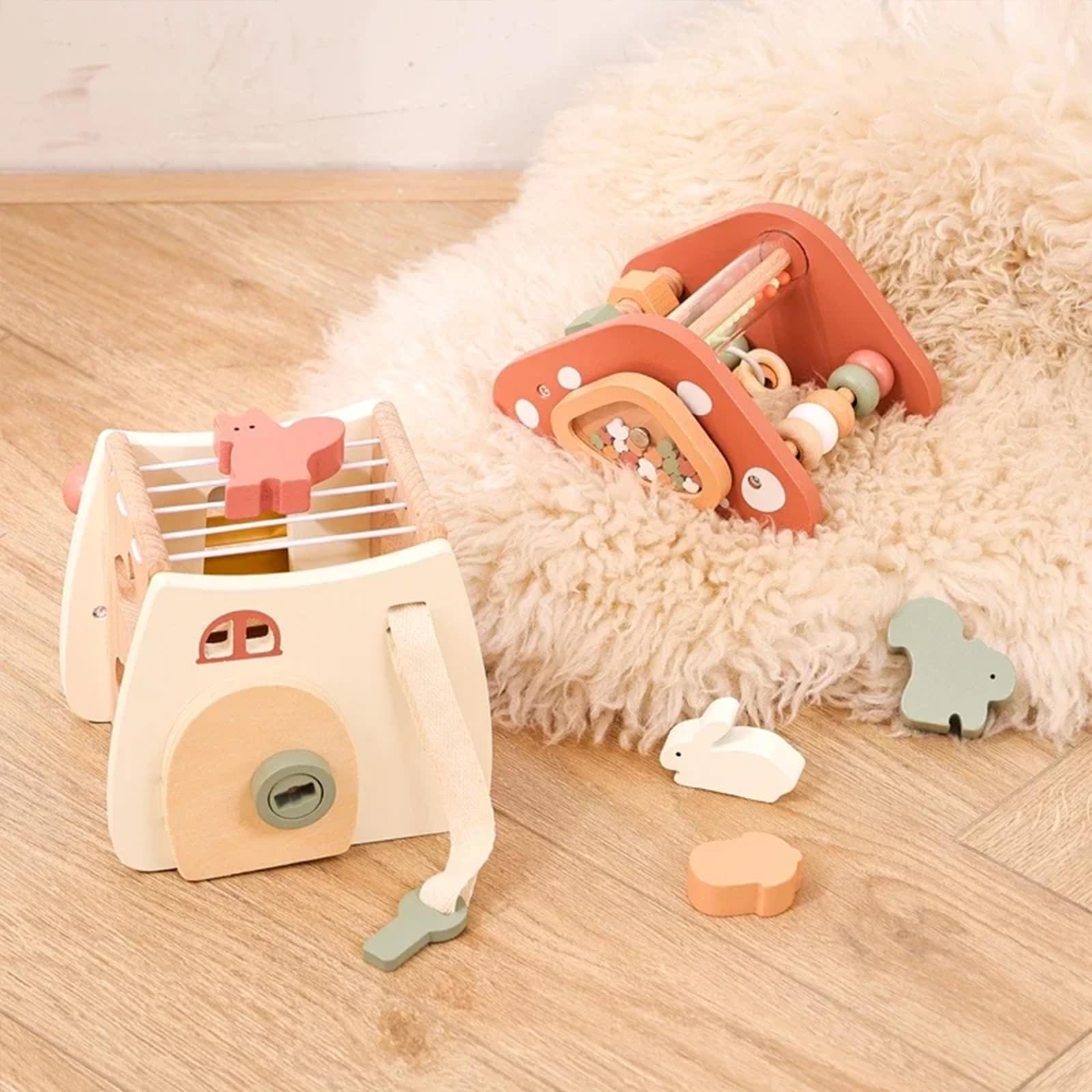 Cubo di attività in legno, classificatore di forme Montessori e giocattolo dell'Arca di Noè, centro di apprendimento musicale multisensoriale con manopole a fungo ed elementi a percussione