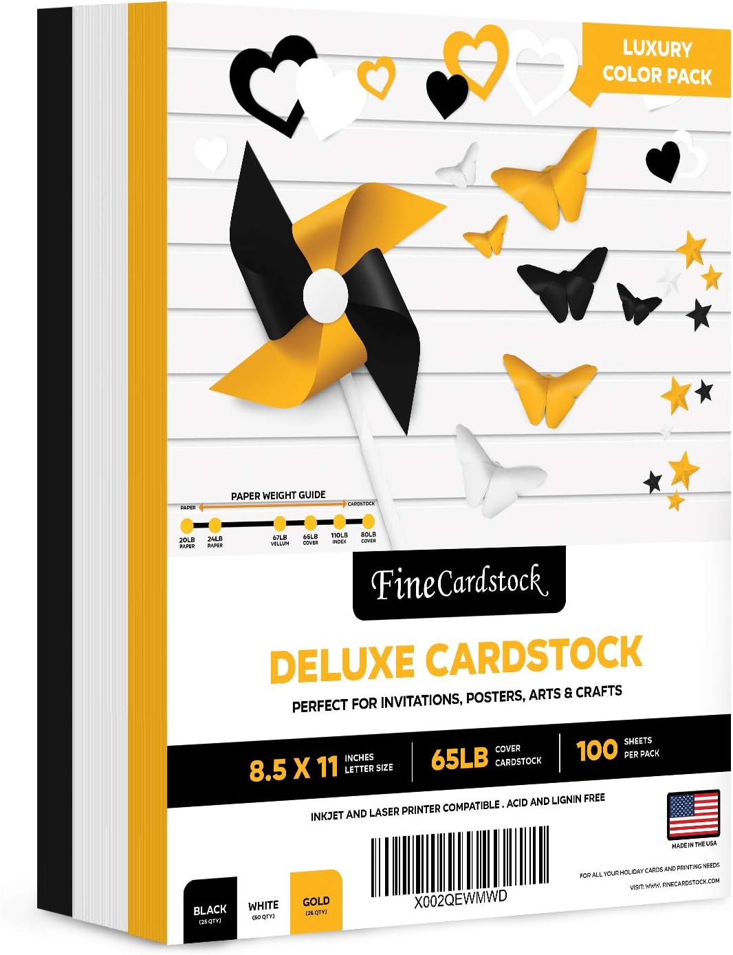 Black Gold and White 8.5 x 11 Color Thick Card Stock Paper Sheets Bulk Set, Make Your Own Art & Crafts Greetings & Invitations, Gift Tags, | 25 Gold, 25 Black, 50 White (100 Total)