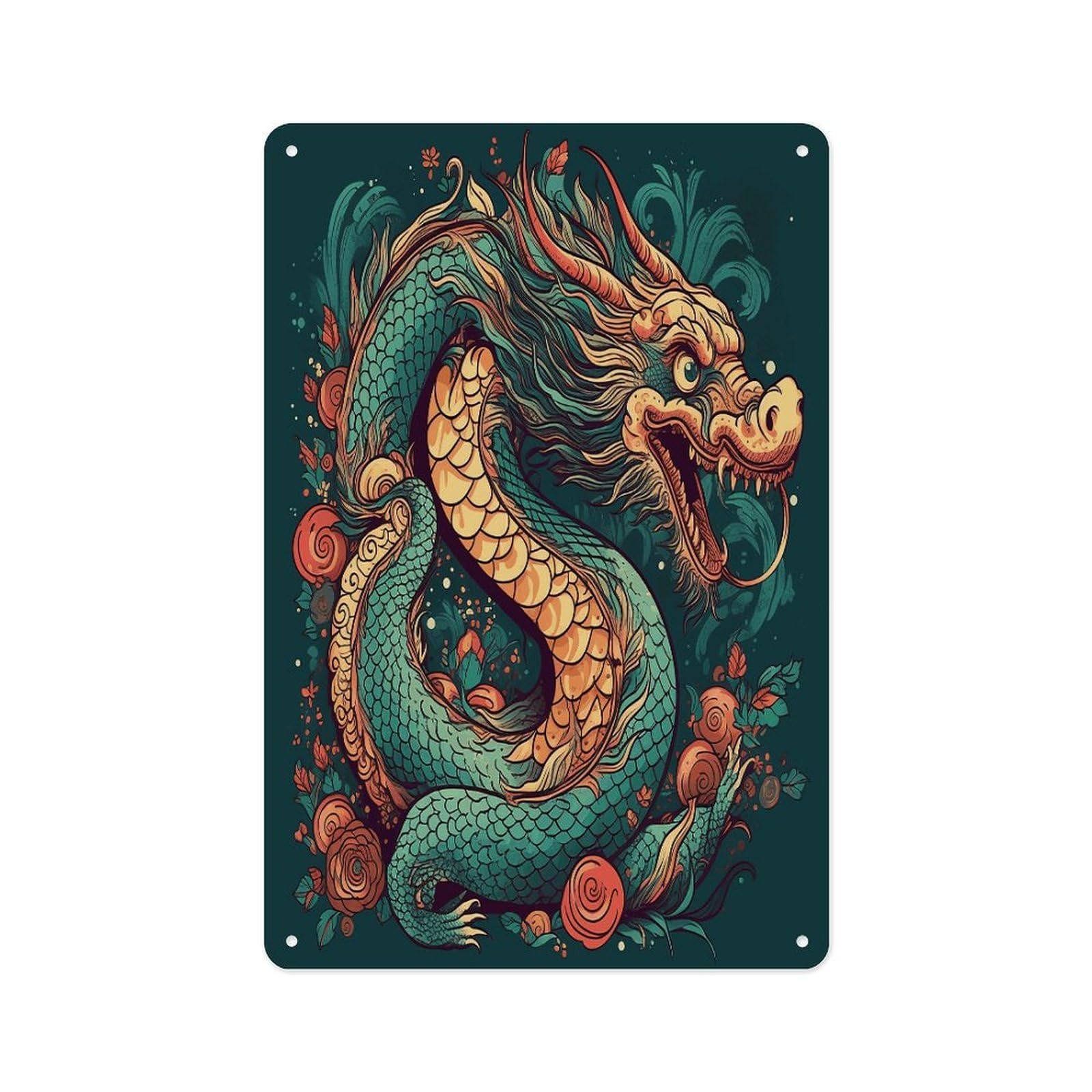 Fekiloot Style Oriental Dragon Pattern Wall Decor Metal Signs Tin Signs Poster