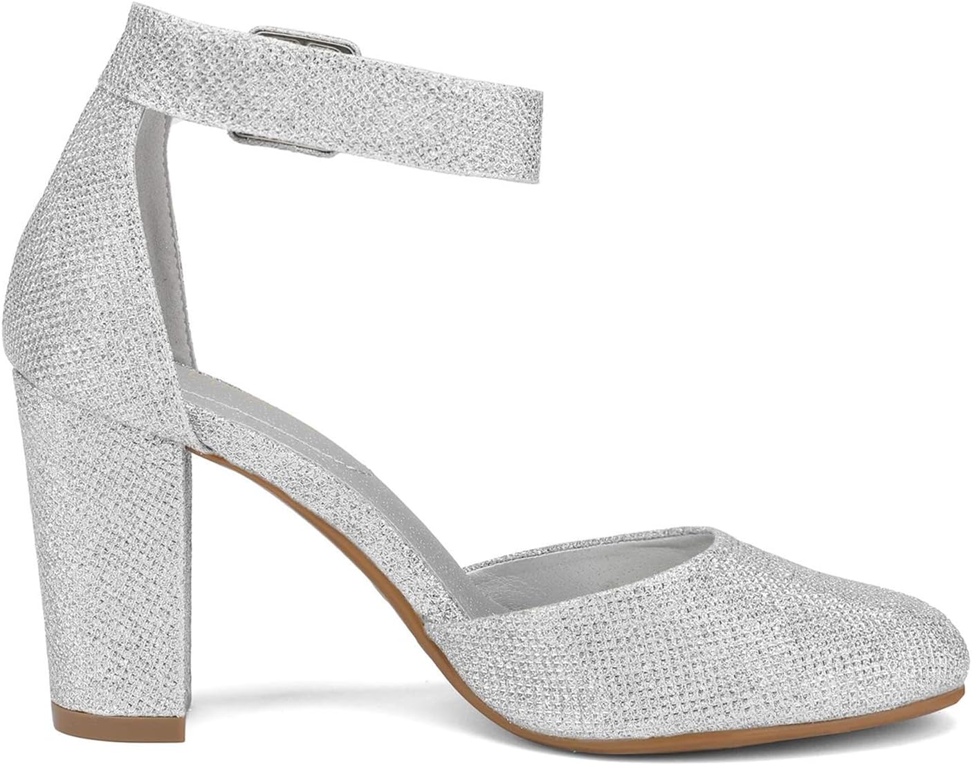 Silver Glitter Faux Leather High Heel Ankle Strap Pumps