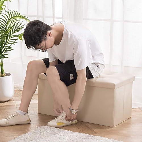 Miniatura 7 de Otomana plegable de almacenamiento de 30 pulgadas, banco de almacenamiento de 80 litros para dormitorio y pasillo, reposapiés de piel sintética