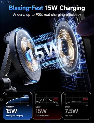 Miniatura 2 de ANDERY Solo para iPhone Magsafe cargador de montaje de automóvil carga inalámbrica de 15 W más rápida, 78 libras de succión más fuerte, 2400 gf