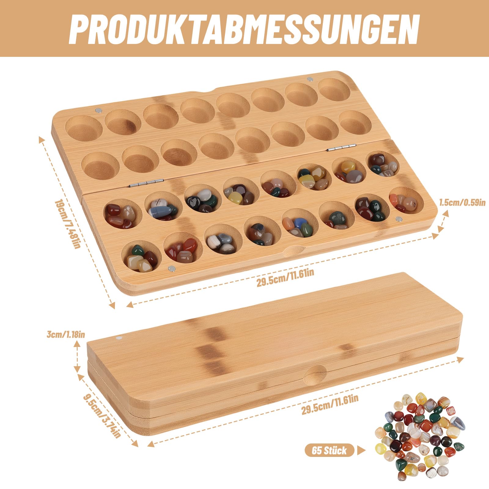 Jeu de pierres Kalaha - Jeu de pierres précieuses pliable en bois avec 65 pierres, double jeu, jeux de puzzle, jeux de stratégie pour voyages, fêtes, activités scolaires, 47 x 14,5 x 4 cm