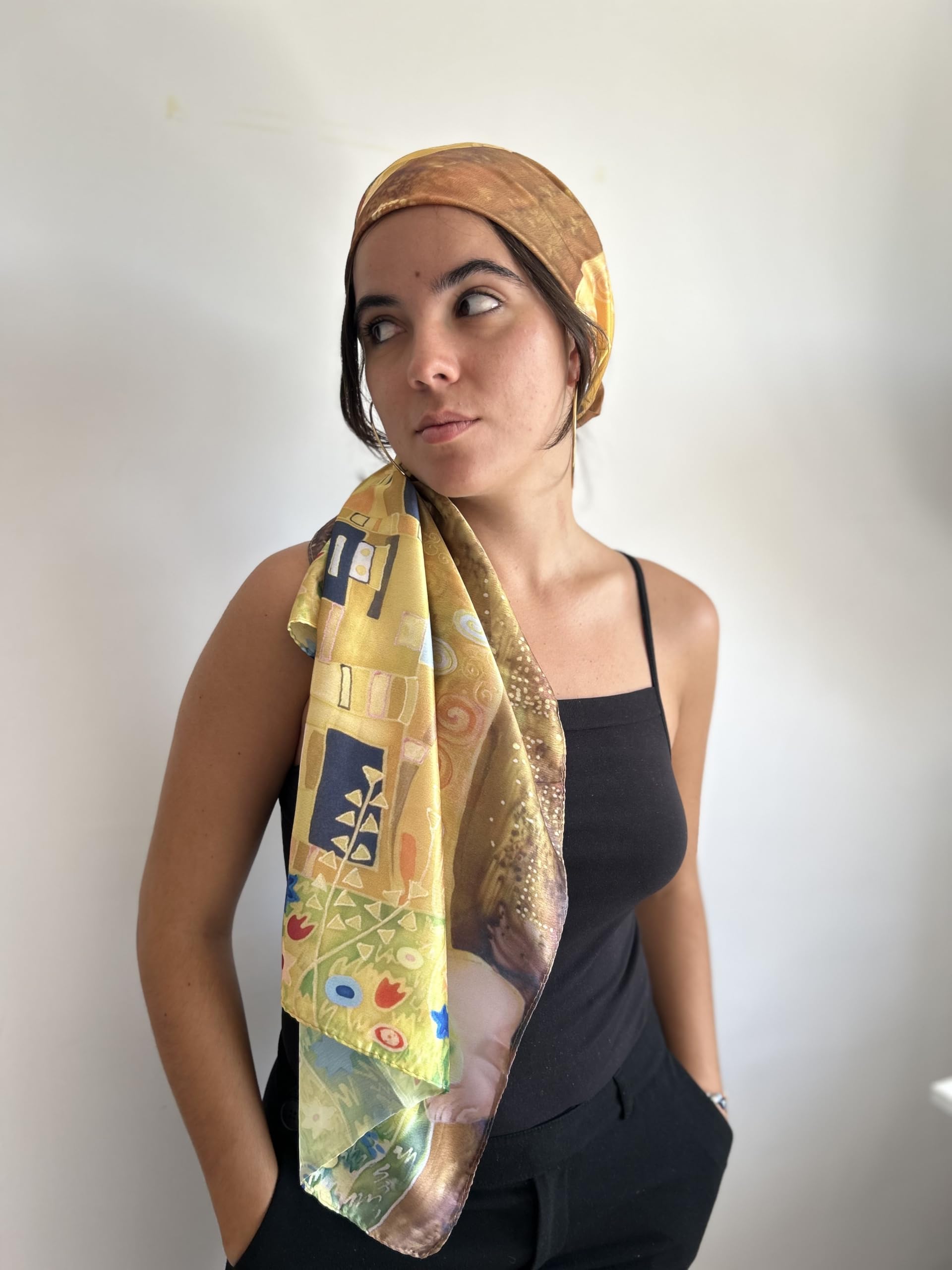 Fular Mujer Pañuelo cuello de seda con diseño de arte pintores famosos, chal largo de calidad, joven y elegante para mujer. Bufanda grande. Foulard Complemento original presentado para regalo
