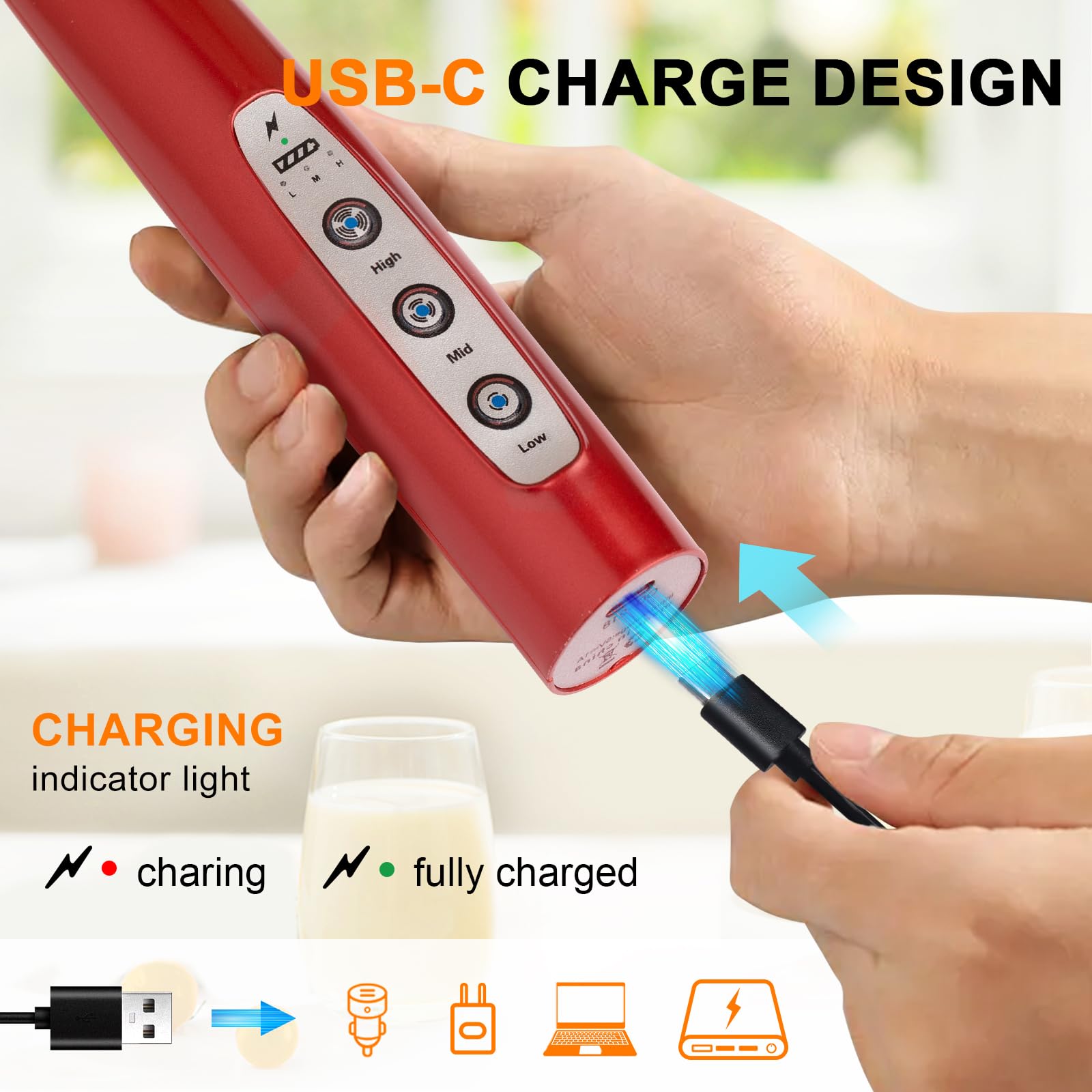YUSWKO Red Milk Mousseur à lait portatif avec 3 têtes, fouet à café mélangeur en mousse avec 3 vitesses rechargeable par USB, mini mousseur manuel électrique pour latte, cappuccino, chocolat chaud