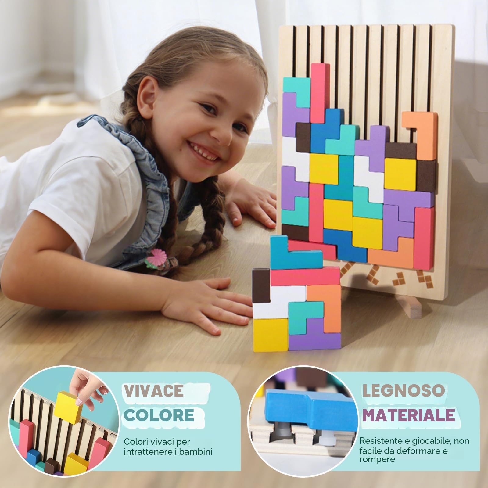 Tetris Gioco per Bambini con Borsa,Puzzle di Legno Tetris Giocattolo Montessori,Cervello Giocattoli, Intelligenza Jigsaw Rompicapo, Regali Educativi per Bambini