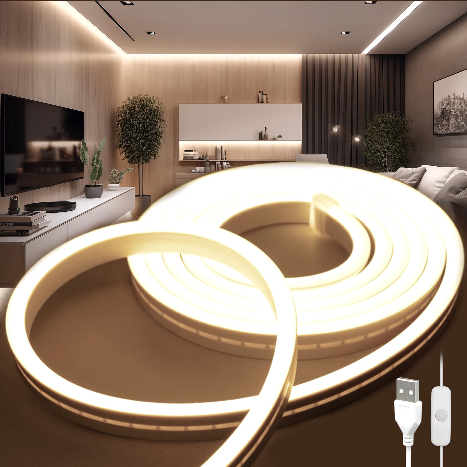 YOODIOutdoor LED Strip Light 2M USB 5V Cuttable LED Strip Lights Natural White 4000K Rope Light Flexible LED Strips Waterproof Fireproof 120 LED/M Neon Light for Decorations Bedroom Home Living Room