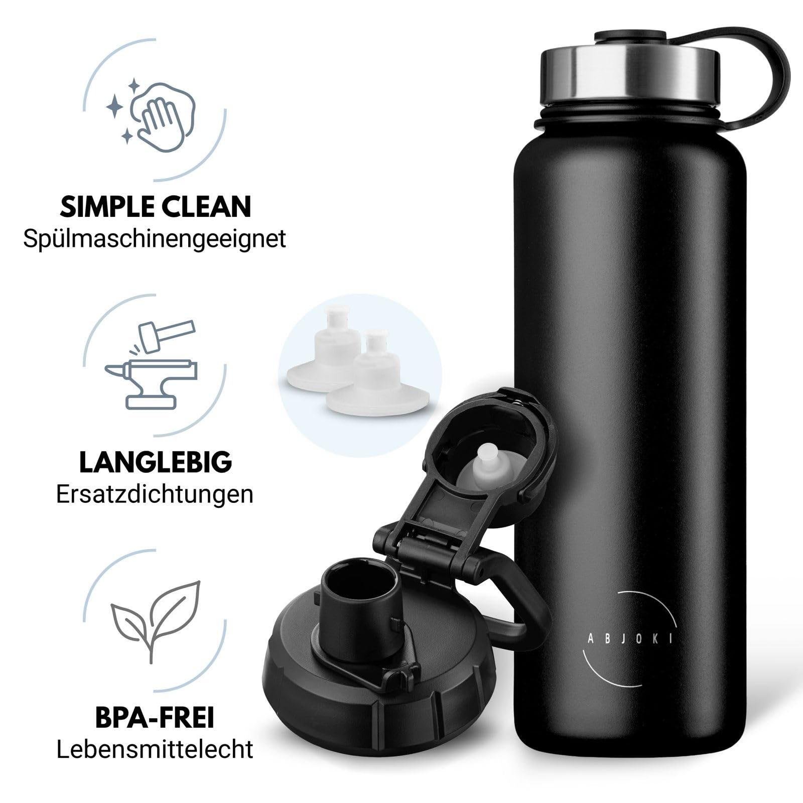 Gourde en acier inoxydable « Infinity » 1200 ml – Noir onyx – Double paroi et isolation sous vide – Bouteille isotherme – Sans BPA, anti-fuite, convient aux boissons gazeuses – Couvercle sport