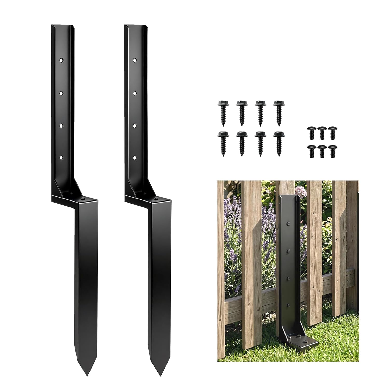 Outsunny 2 Pack Fence Post Repair Kit, 81 cm Heavy Duty Metal Fence Post Support with Nails Drill, Garden Ground Stake Spikes for Repairing Damaged Broken Gate, Posts, Sign Posts or Mailbox
