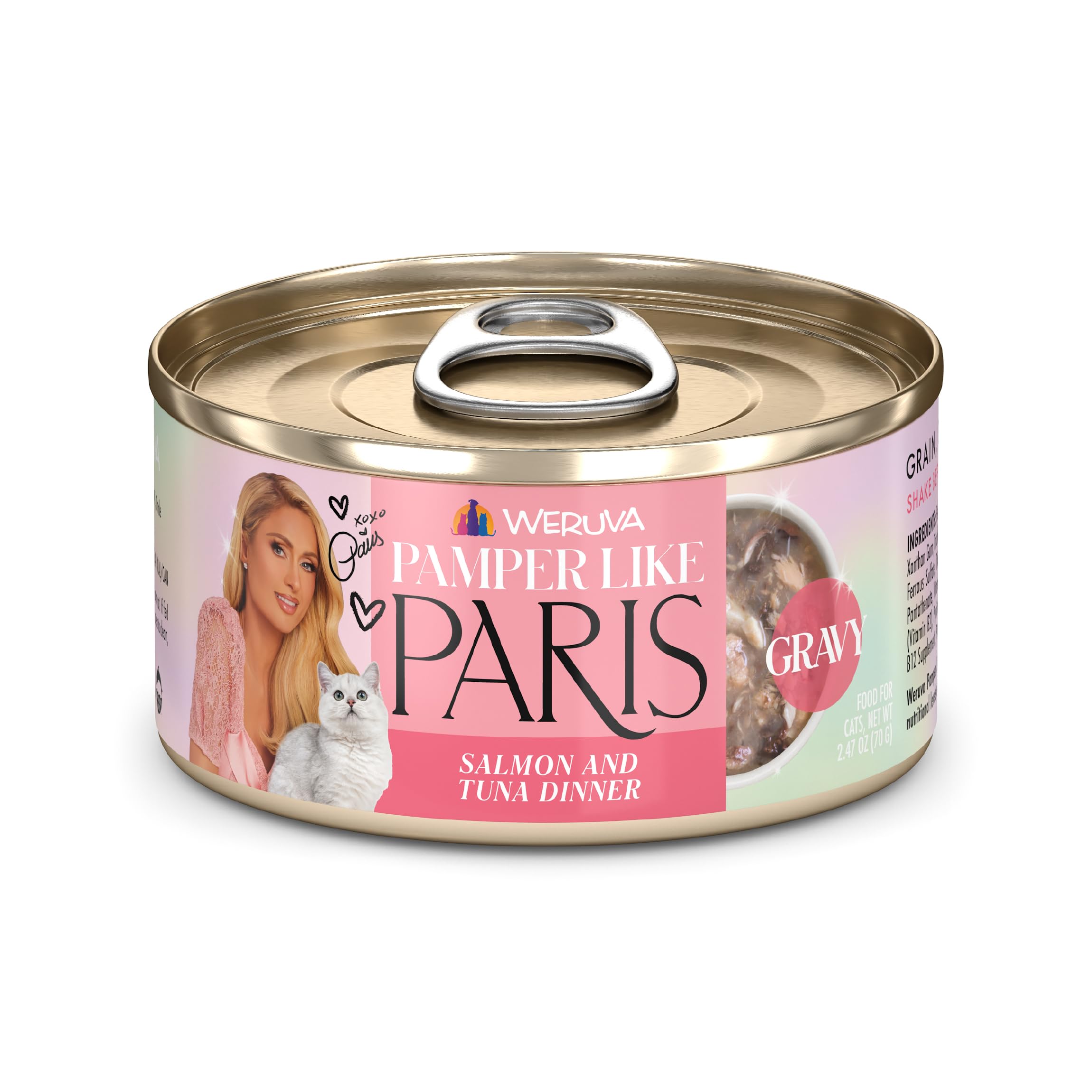 Weruva Paris Hilton Pamper Like Paris Natural Grain Free Wet Cat Food, Salmon and Tuna in Gravy, 2.47oz Can (Pack of 12)