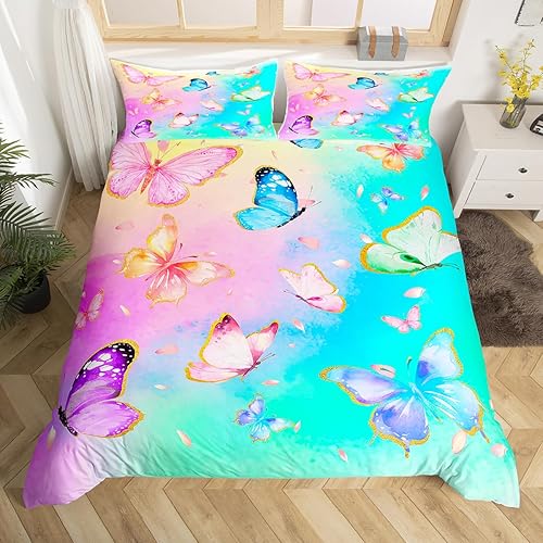 Erosebridal Funda de edredón de mariposa de dibujos animados para decoración de habitación de niñas, juego de ropa de cama de mariposas rosas y