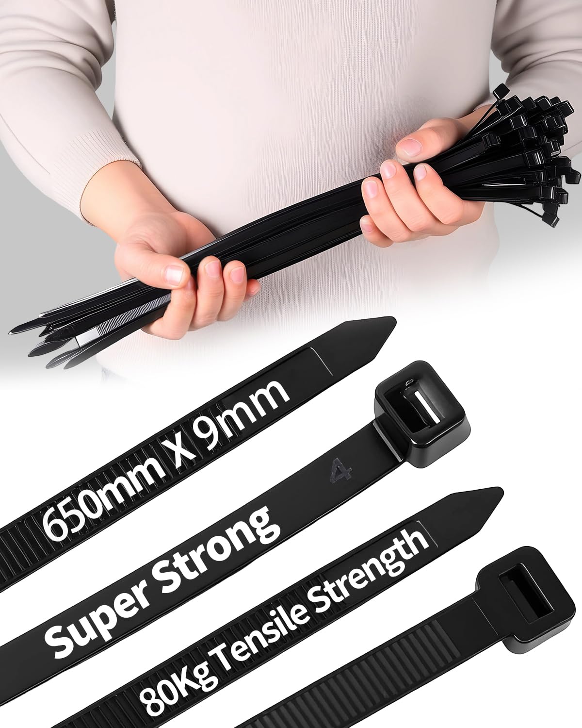 50 PCS Long Heavy Duty Cable Ties Black,650mm x 9mm with 80 KGS Ultra Strong Tensile Strength, Large UV Resistant Extra Long Cable Zip Ties Wraps for HVAC Outdoor Construction