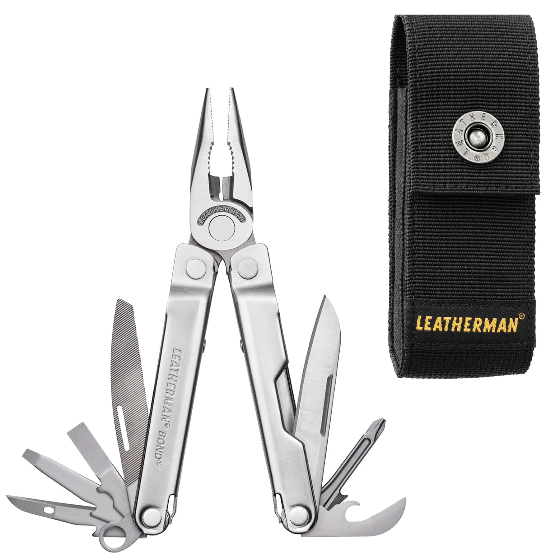Leatherman Bond Multiherramienta 14 en 1 con Funda de Nylon con Bolsillos - Herramienta Compacta de Acero Inoxidable para Uso Diario