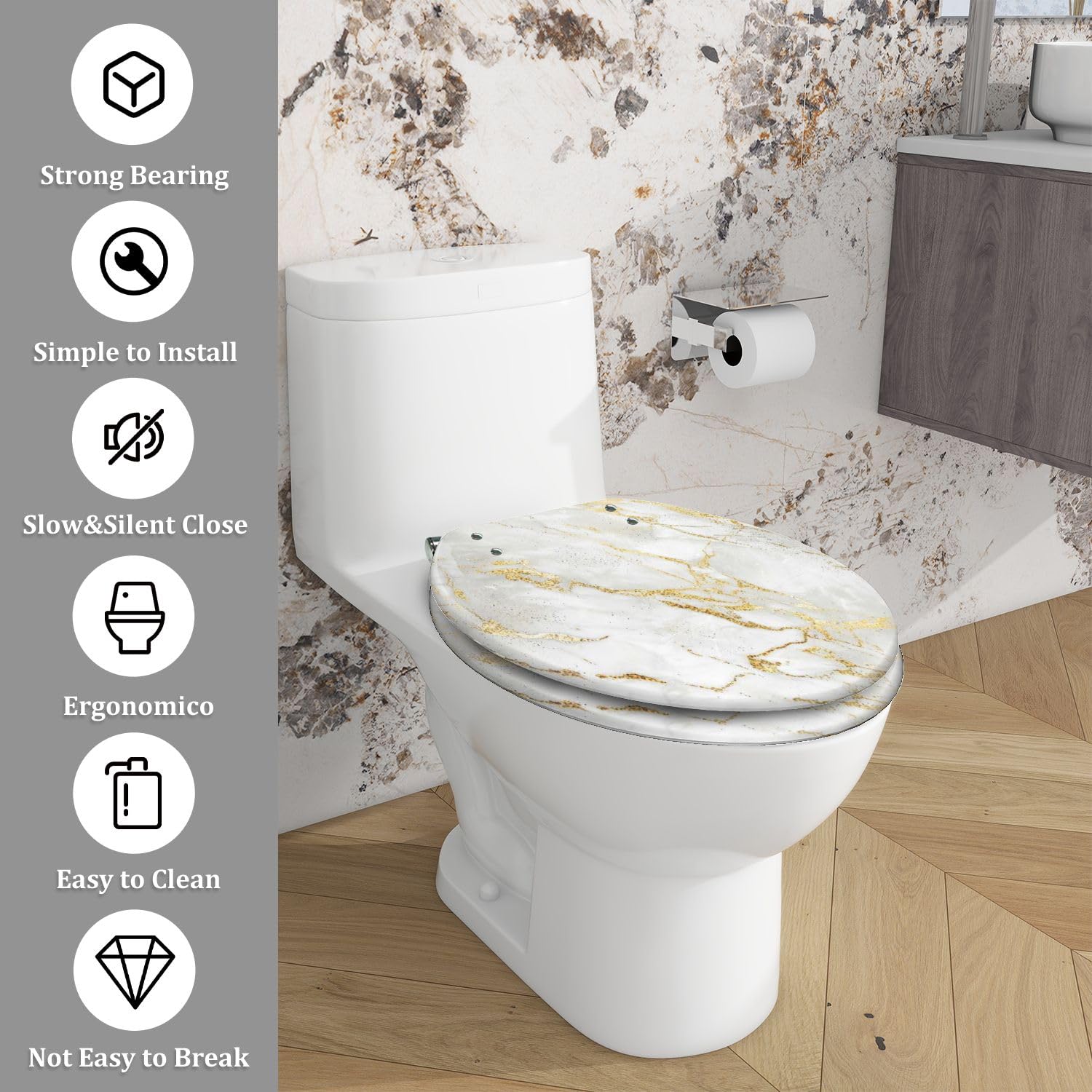 Elongated Toilet Seat White gold marble luxury wall texture shine golden line pattern Resin Toilet Seat Quietly Close Quick Release Hinges Decorative Toilet Seat with Cover Easy to Install