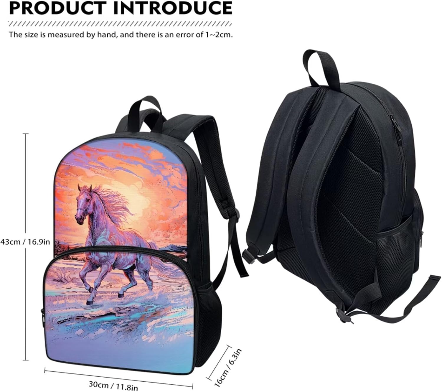 Student Reusable Backpack Set for Elementary Middle Schools, Horse Sunset Backpack Kids School Bookbags with Lunch Box Pencil Case Lightweight for Girls Boys