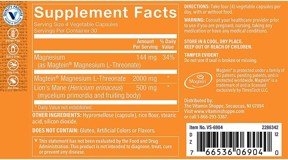 Magnesium L-Threonate with LionaTMs Mane & Magtein a Promotes Brain Health (120 Vegetable Capsules)