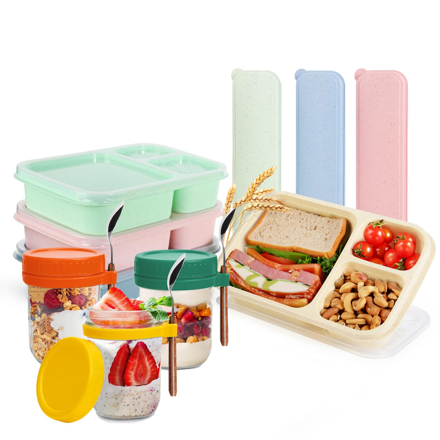 YULEER Meal Prep Containers Reusable Bundled Set, 6 Pack Overnight Oats Jars with Lids and 4 Pack Wheat Straw Bento Boxes for Food Storage