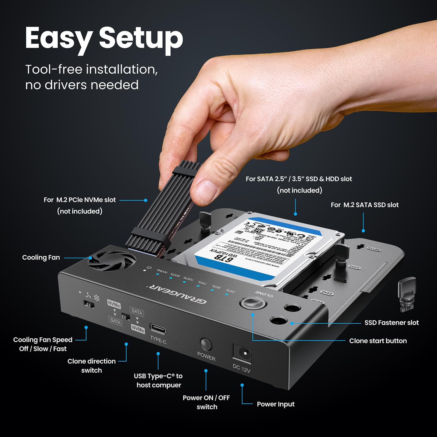 GRAUGEAR Station de Clonage Bidirectionnelle pour Disques Durs 2,5"/3,5" SATA HDD, SSD M.2 SATA et M.2 NVMe, Station d’Accueil pour Disques, Lecteur, USB3.2 Gen2 (10Gbit/s), Ventilateur Silencieux