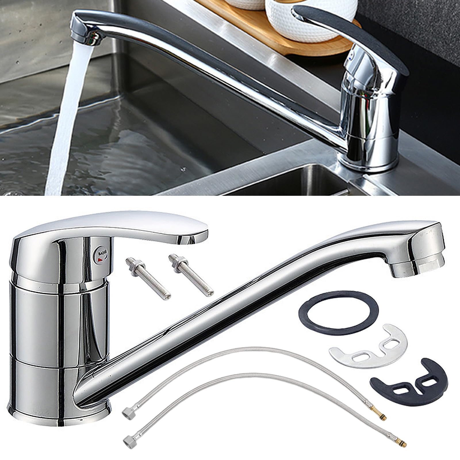 Kitchen Mixer Tap with Long Swivel Spout,Single Top Lever Kitchen Mixer Tap Mit 2pcs Hoses 60cm 1/2 Monobloc Faucet for Caravan & Home Sinks Bar Sink Faucet Tap - Image 4