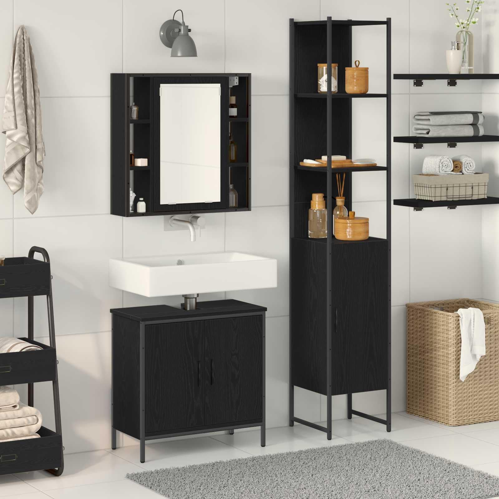 Mueble de lavabo de baño negro para solucionar la falta de espacio y orden