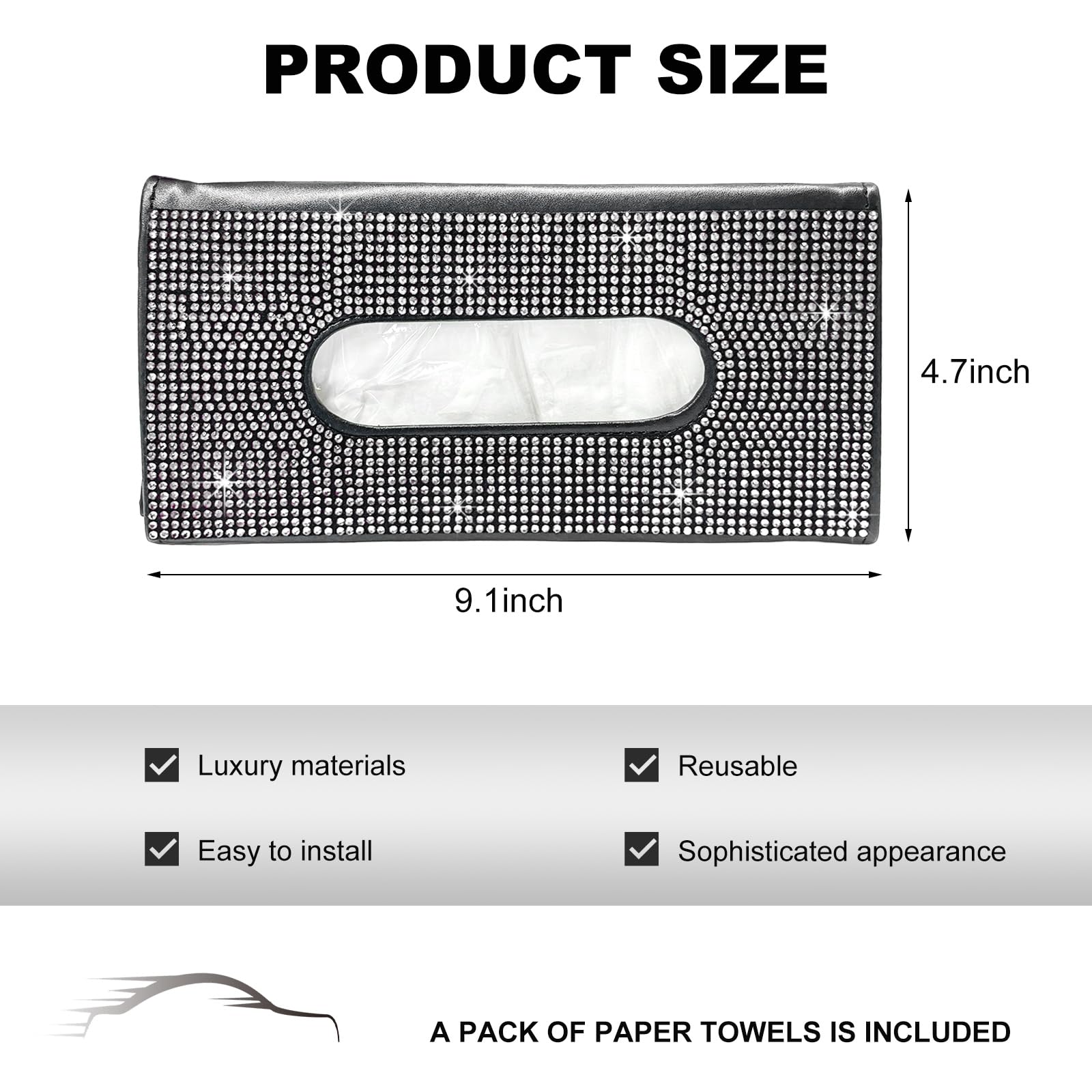 SHMZK Bling Car Sun Visor Tissue Box Holder, Leather Sparkling Crystal Napkin Holder Auto Visor Paper Towel Cover, Rhinestone Backseat Mask Wipe Case Visor Hanging Tissue Organizer (White)