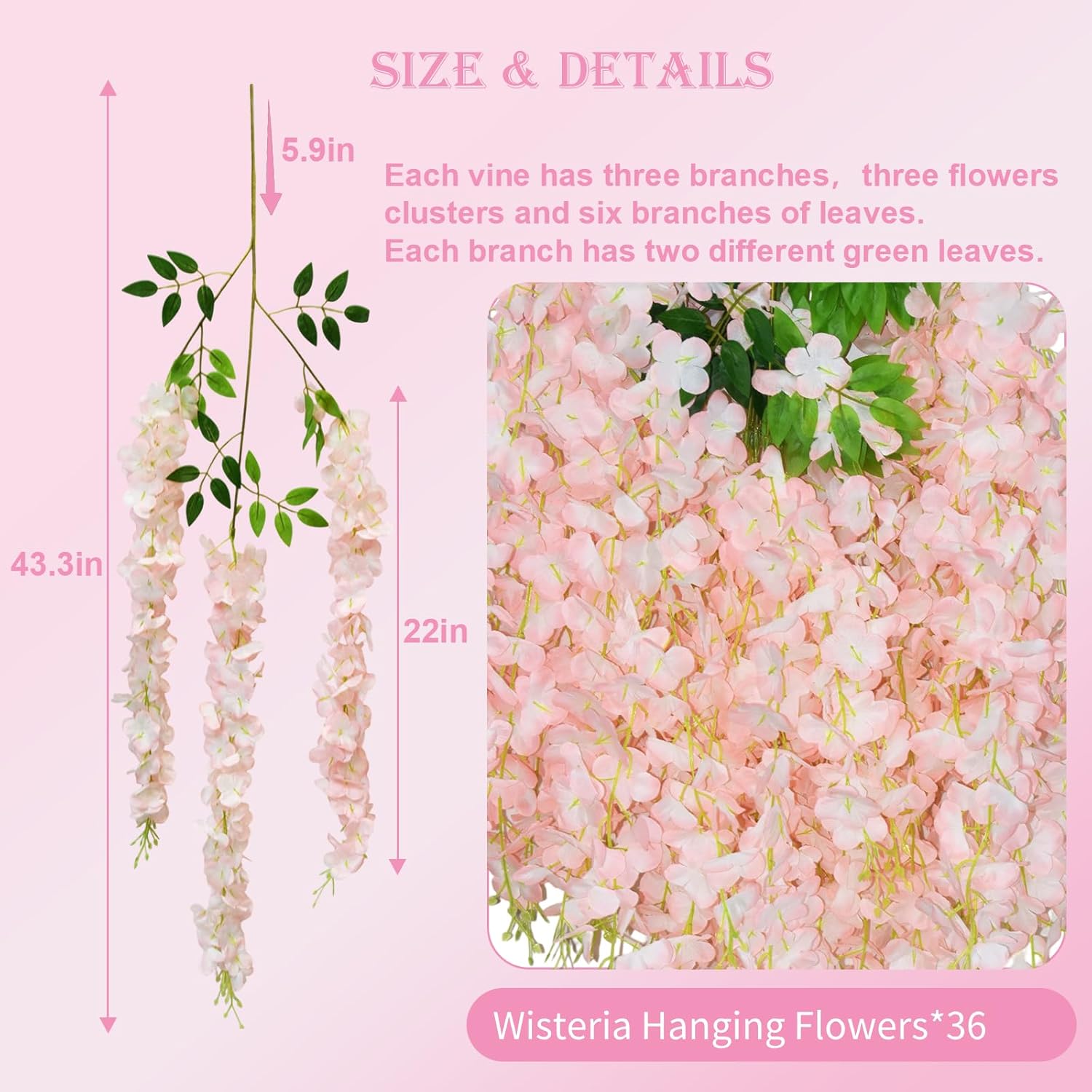 36 PCS Wisteria Hanging Flowers, 3.6ft Fake Wisteria Vines Artificial Wisteria Garland Silk Flower String for Wedding Arch Garden Party Home Ceiling Wall Backdrop Tent Decoration (Light Pink)