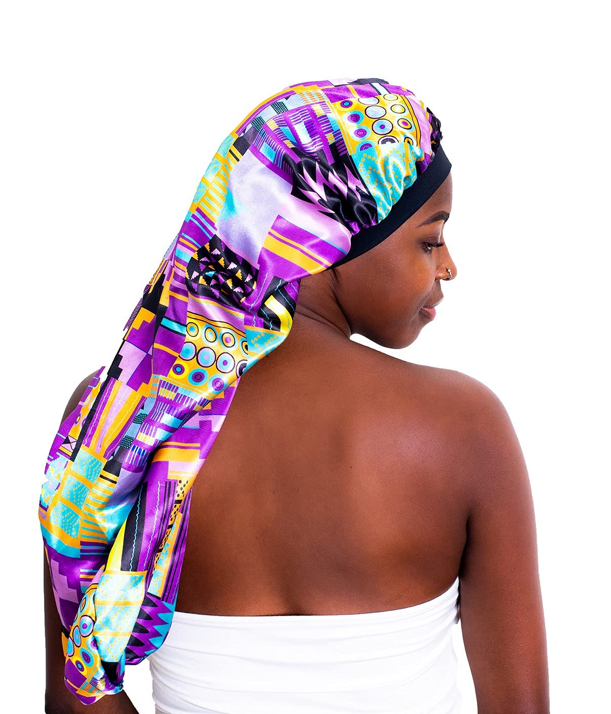 Snatched Flames Double Layered Satin Long Bonnet for Women with Braids, Dreadlocks or Natural Hair, includes Satin Scruchie